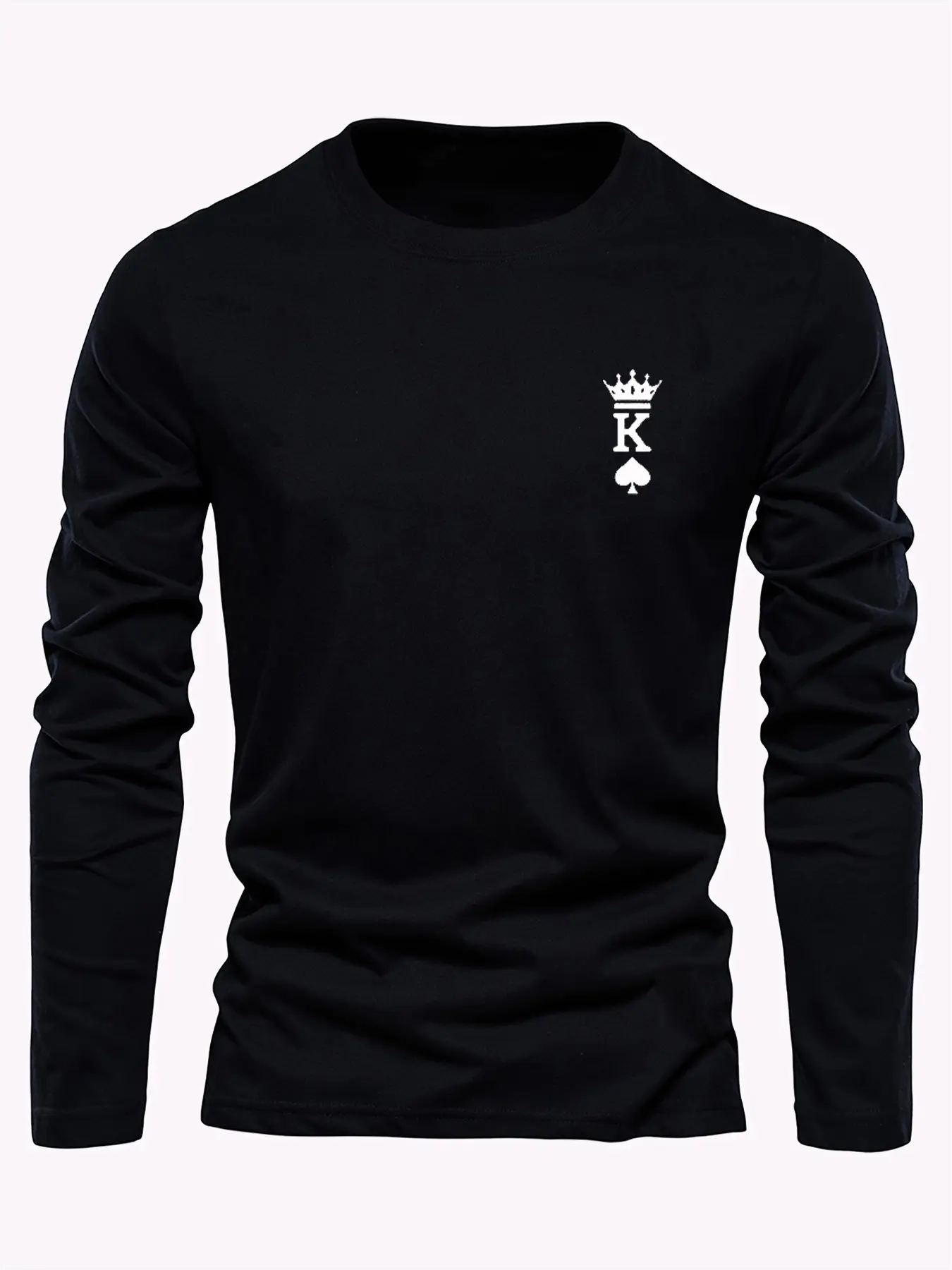 Men's 100% pure cotton loose fit comfortable sports and leisure poker card K printed round neck long sleeved T-shirt top