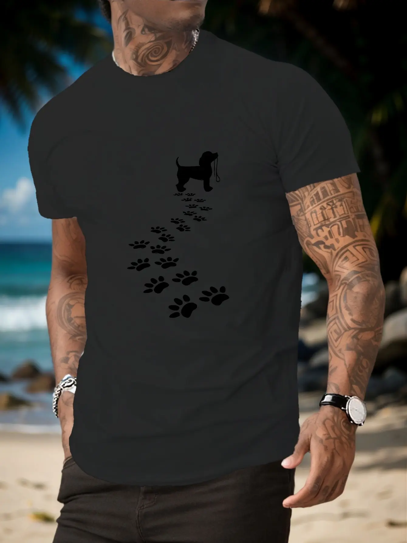 Men's summer 100 cotton fashionable casual sports loose fit dog paw print print round neck short sleeved T-shirt top