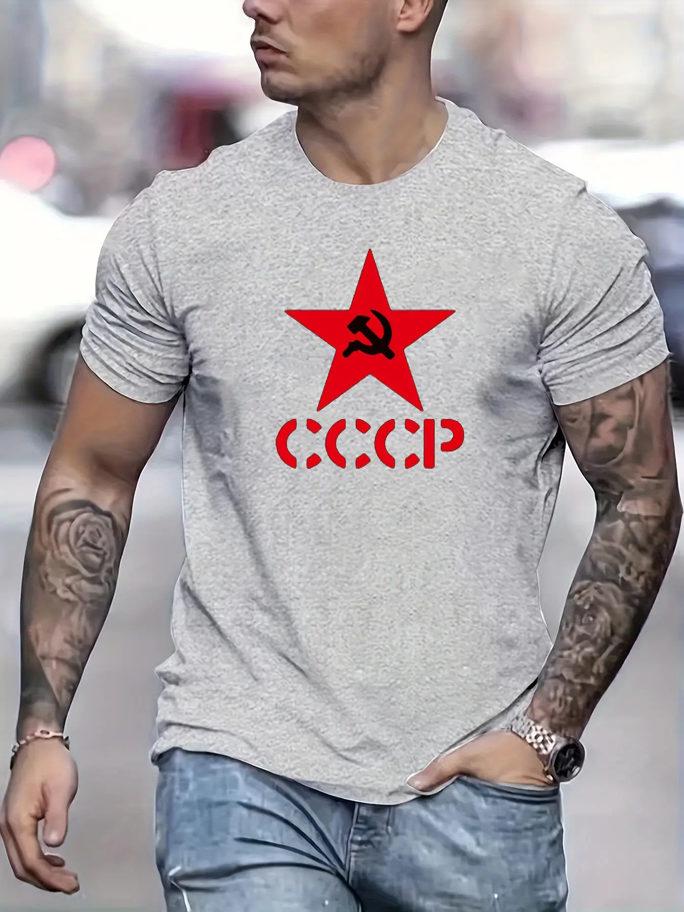 Men's summer 100% pure cotton fashionable casual sports loose CCCP letter pentagram printed round neck short sleeved T-shirt top