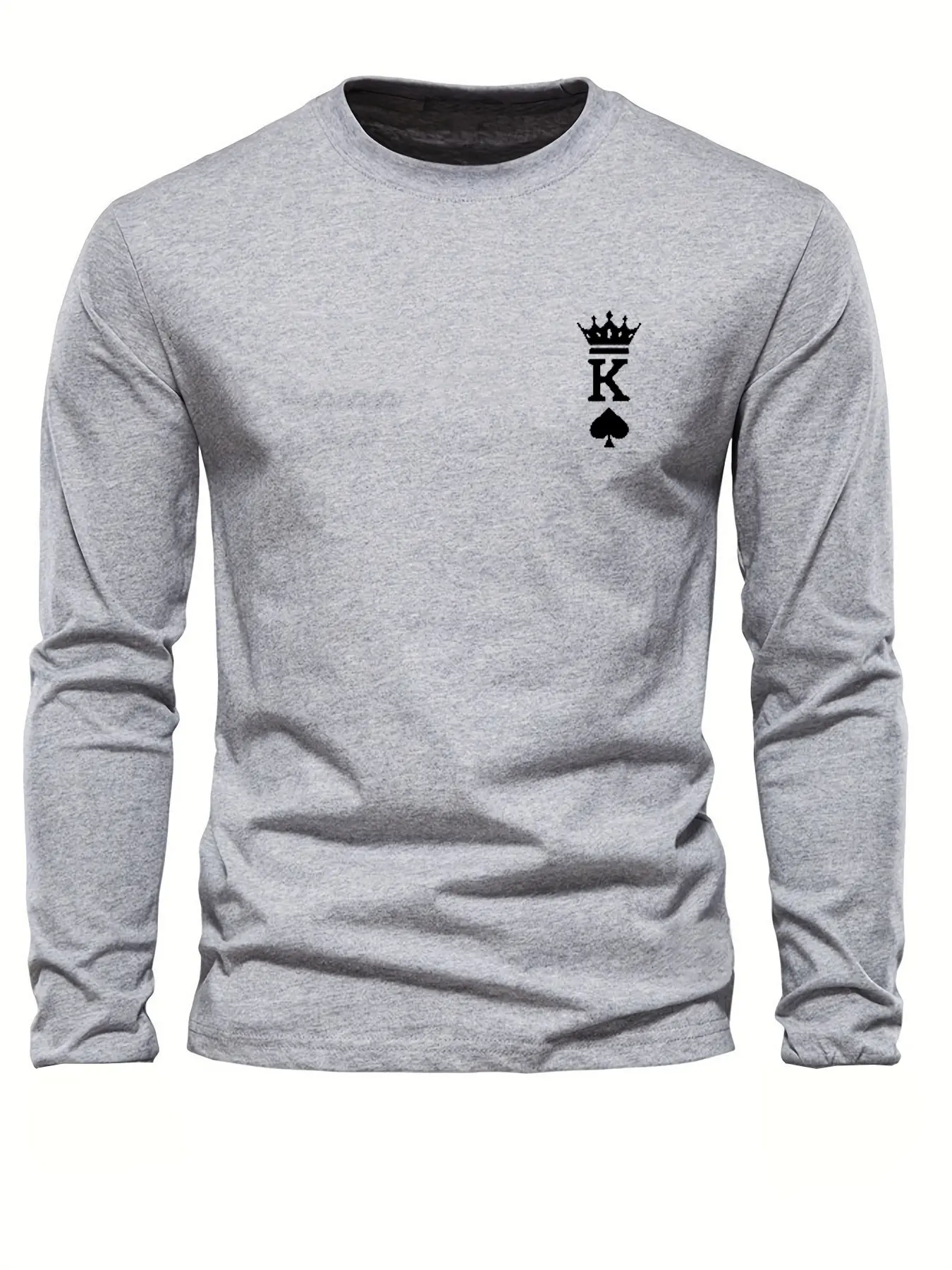 Men's 100% pure cotton loose fit comfortable sports and leisure poker card K printed round neck long sleeved T-shirt top