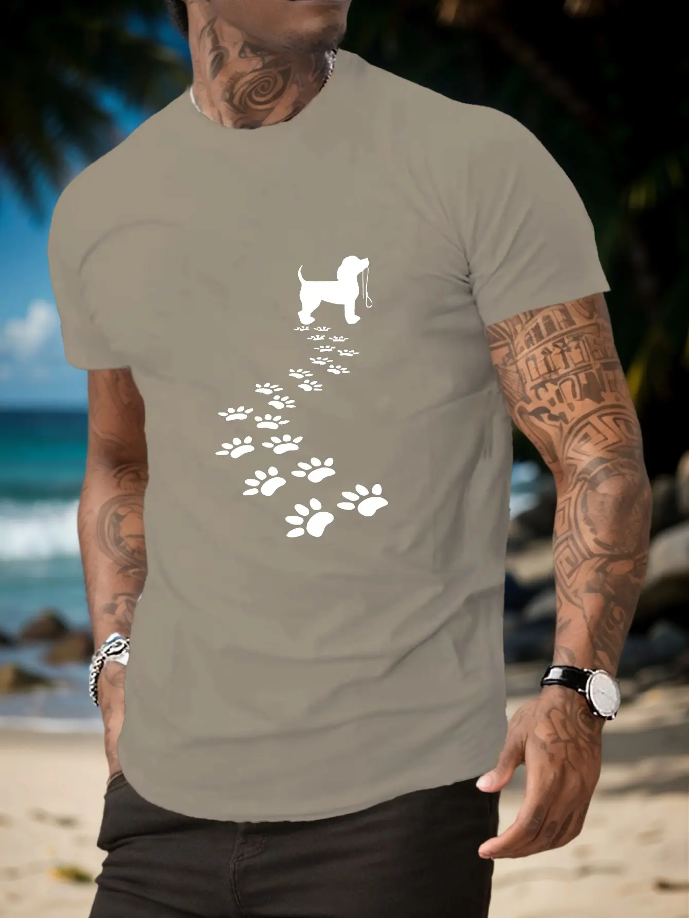 Men's summer 100 cotton fashionable casual sports loose fit dog paw print print round neck short sleeved T-shirt top