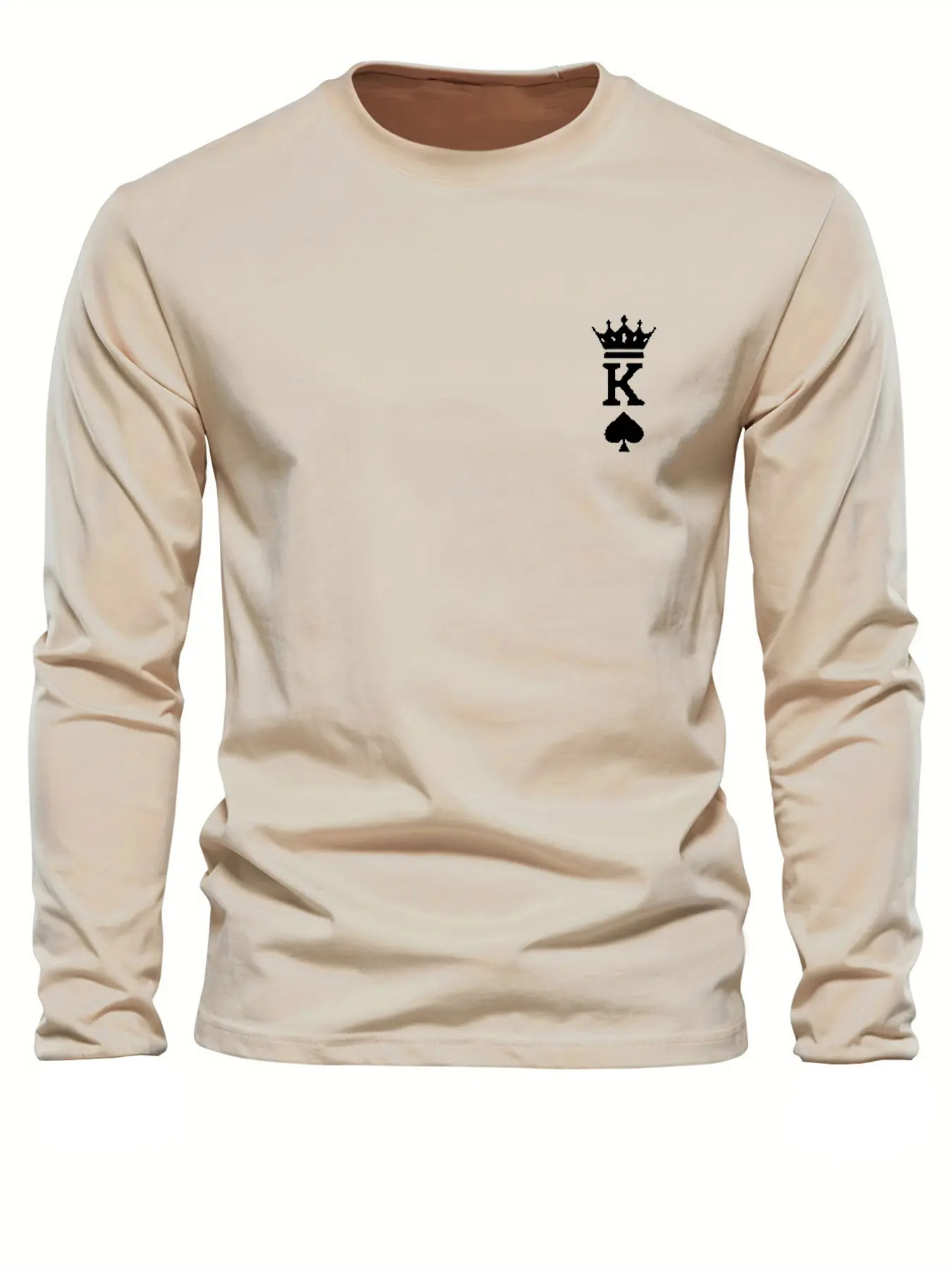 Men's 100% pure cotton loose fit comfortable sports and leisure poker card K printed round neck long sleeved T-shirt top