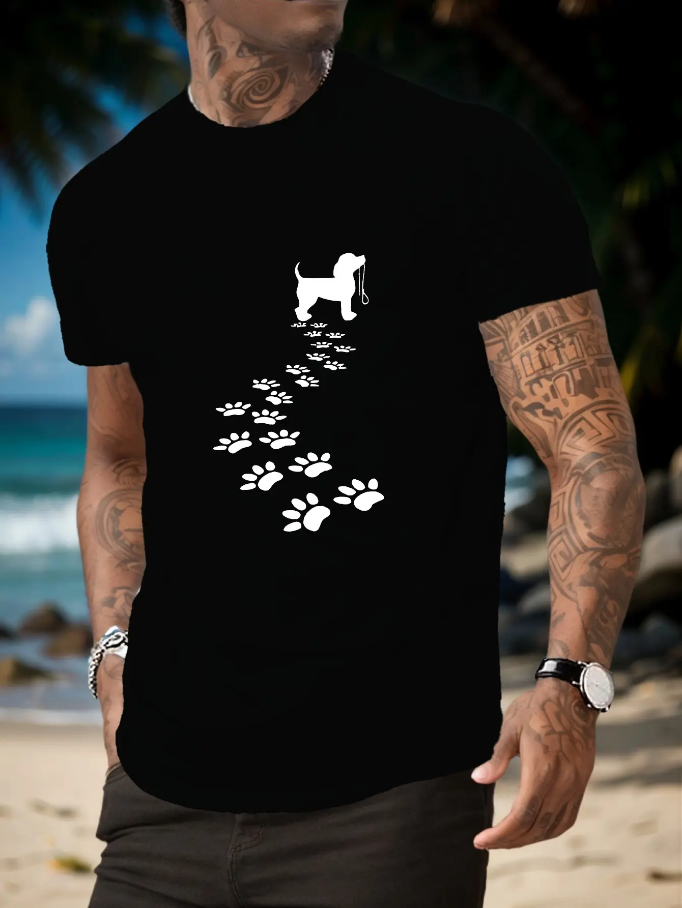 Men's summer 100 cotton fashionable casual sports loose fit dog paw print print round neck short sleeved T-shirt top