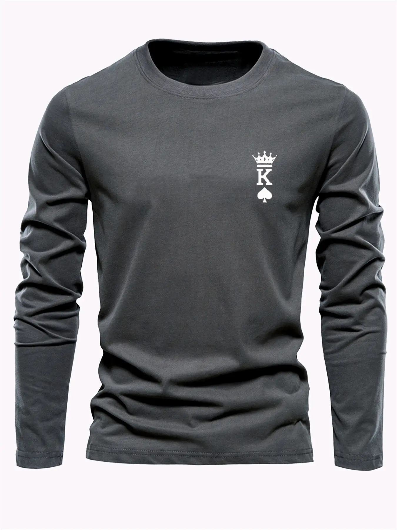 Men's 100% pure cotton loose fit comfortable sports and leisure poker card K printed round neck long sleeved T-shirt top