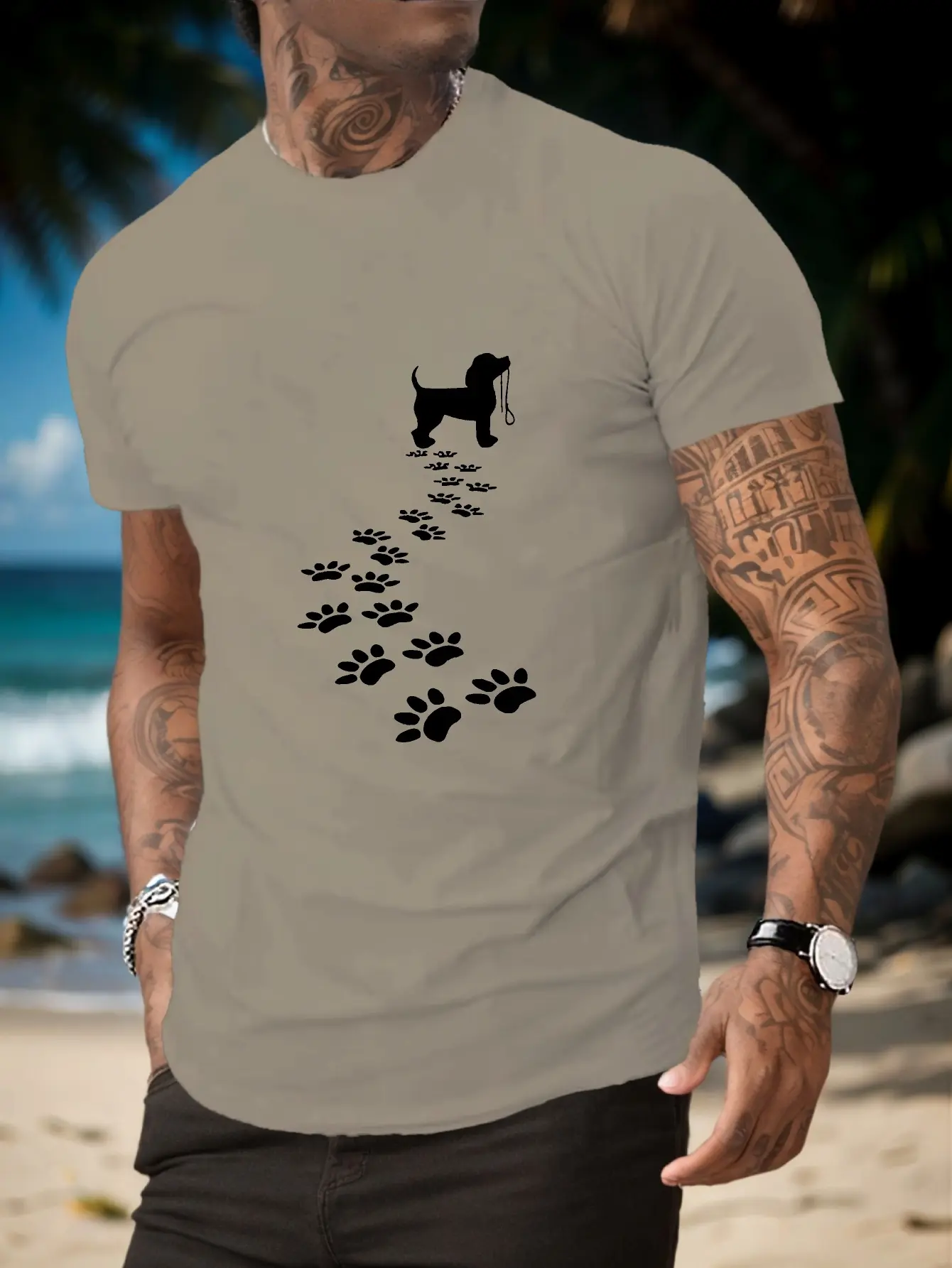 Men's summer 100 cotton fashionable casual sports loose fit dog paw print print round neck short sleeved T-shirt top