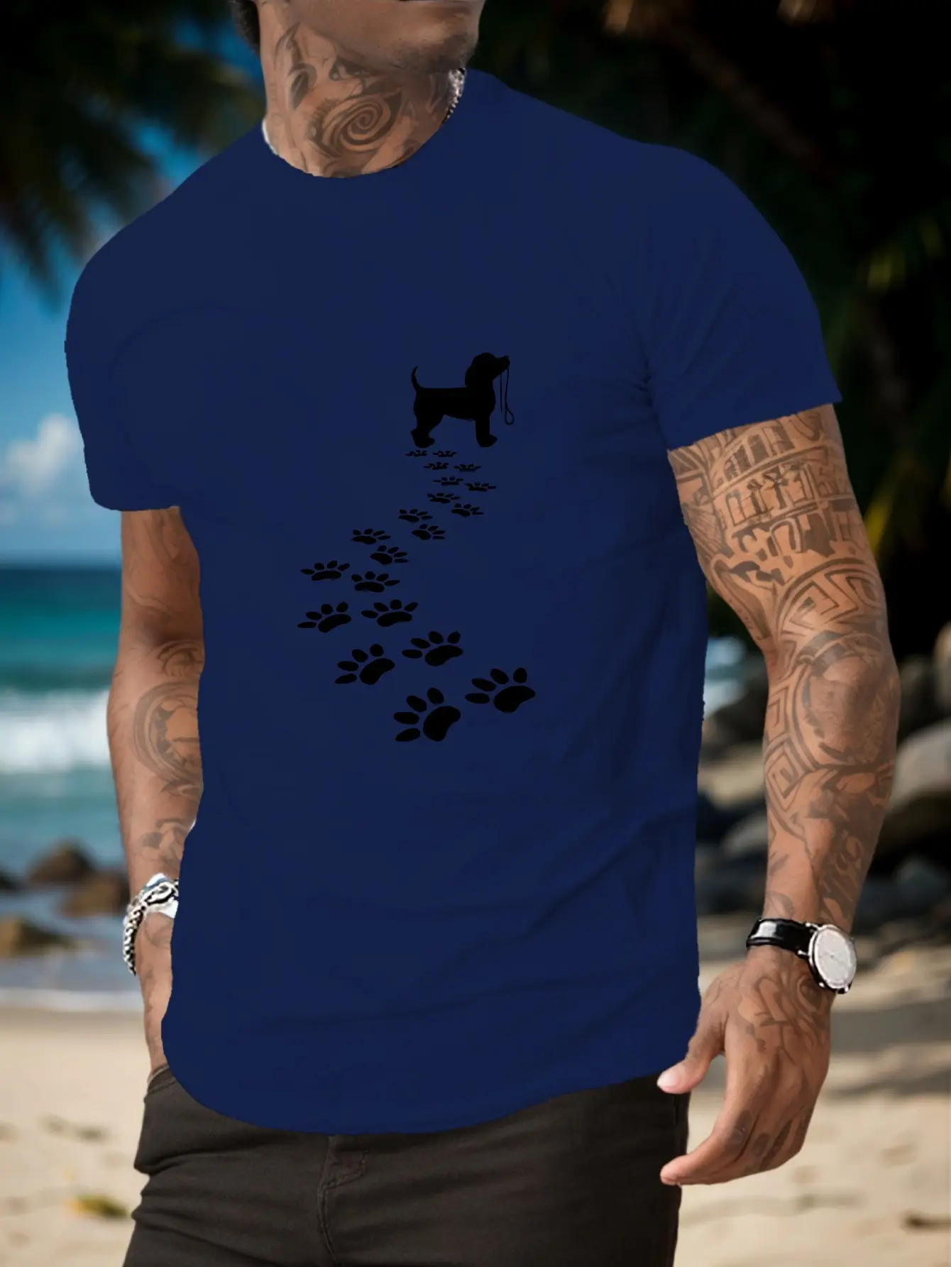 Men's summer 100 cotton fashionable casual sports loose fit dog paw print print round neck short sleeved T-shirt top
