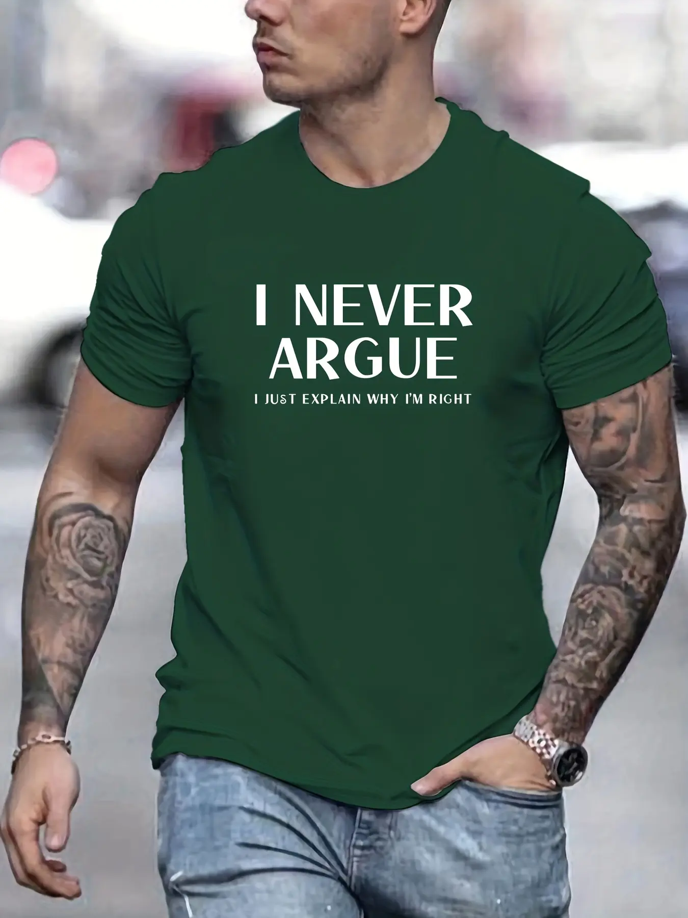Men's summer 100 cotton fashionable casual sports loose fit I NEVER ARGUE letter printed round neck short sleeved T-shirt top