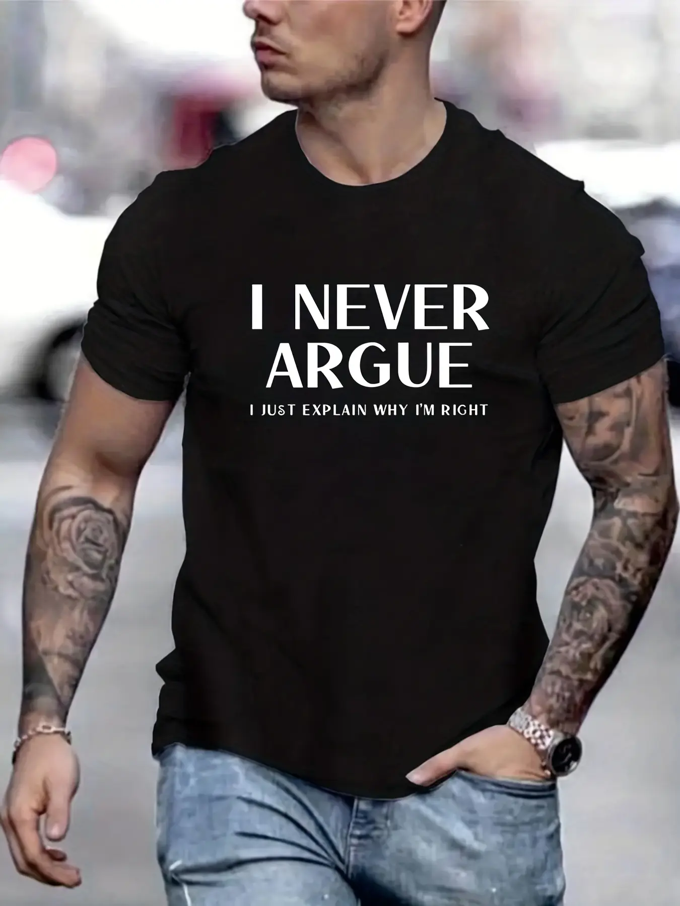 Men's summer 100 cotton fashionable casual sports loose fit I NEVER ARGUE letter printed round neck short sleeved T-shirt top