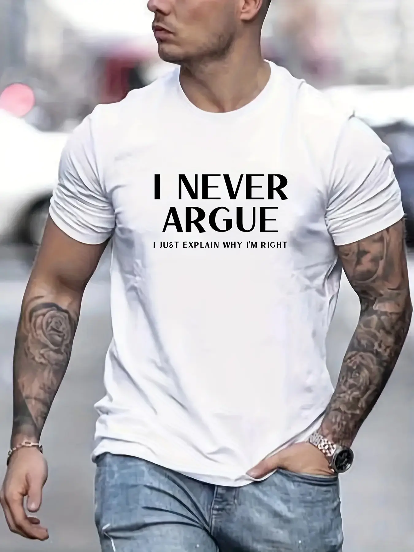Men's summer 100 cotton fashionable casual sports loose fit I NEVER ARGUE letter printed round neck short sleeved T-shirt top