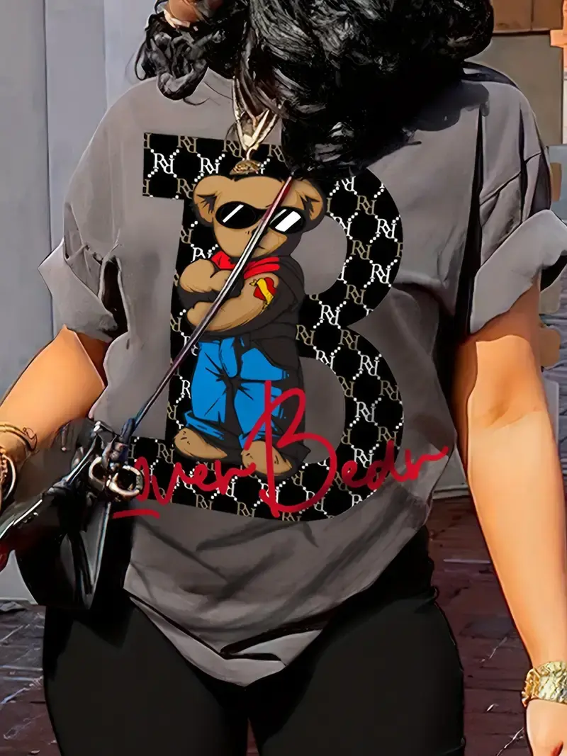 Summer women's Bear cartoon print casual loose round neck short sleeved COTTON T-shirt shorts two-piece set