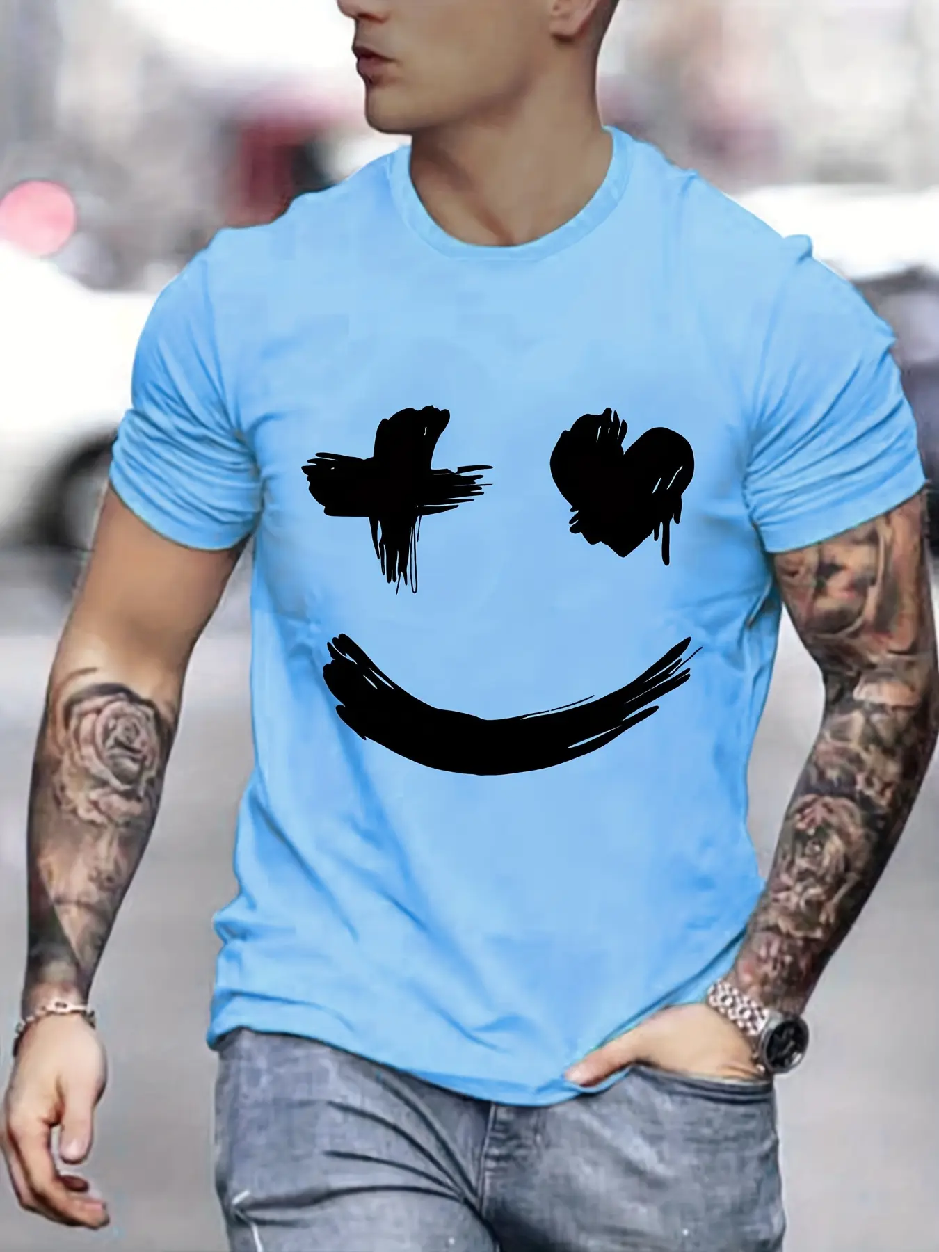 Men's summer 100% pure cotton fashionable casual sports loose trend smile graphic print round neck short sleeved T-shirt top