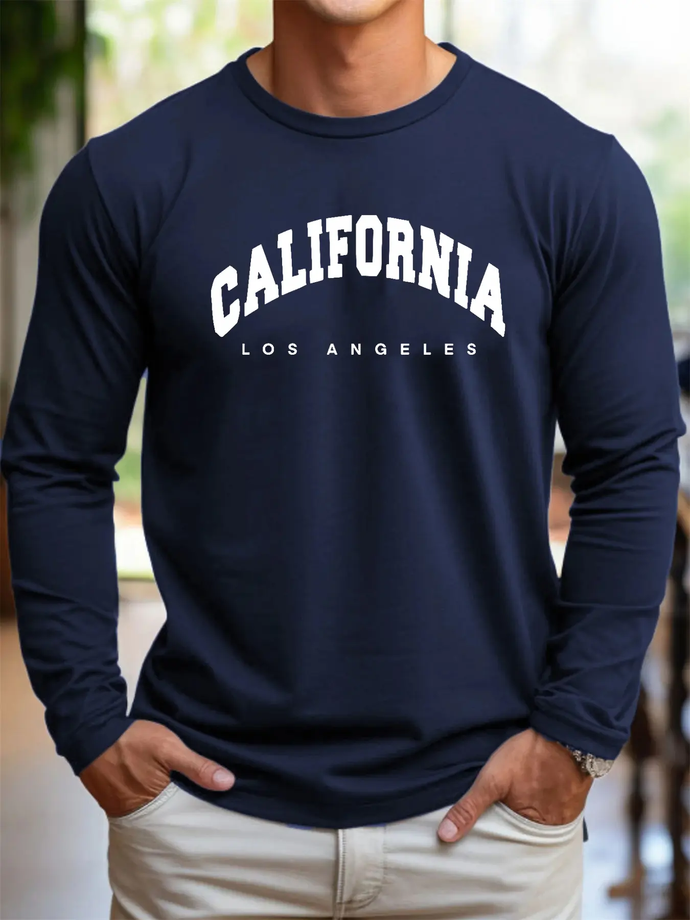 Men's 100% pure cotton loose fit comfortable sports and leisure California Los Angeles printed round neck long sleeved T-shirt