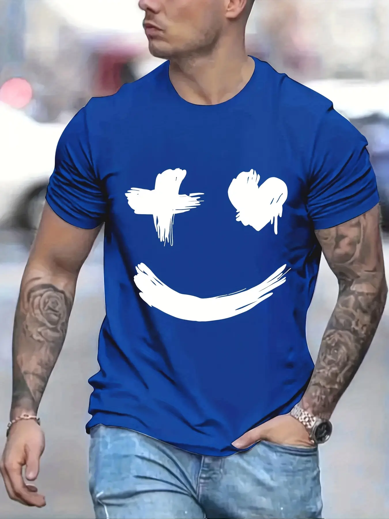 Men's summer 100% pure cotton fashionable casual sports loose trend smile graphic print round neck short sleeved T-shirt top