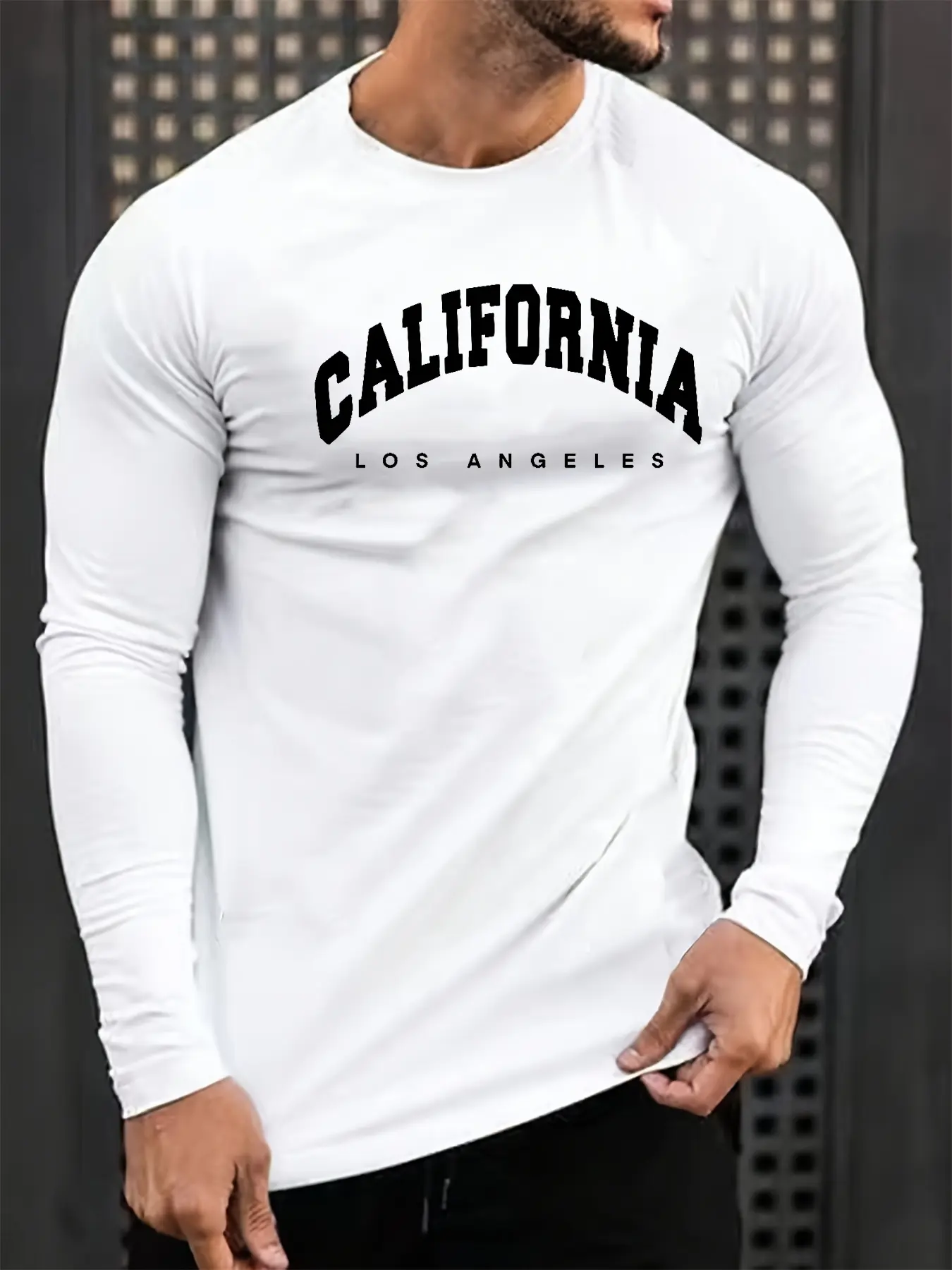 Men's 100% pure cotton loose fit comfortable sports and leisure California Los Angeles printed round neck long sleeved T-shirt