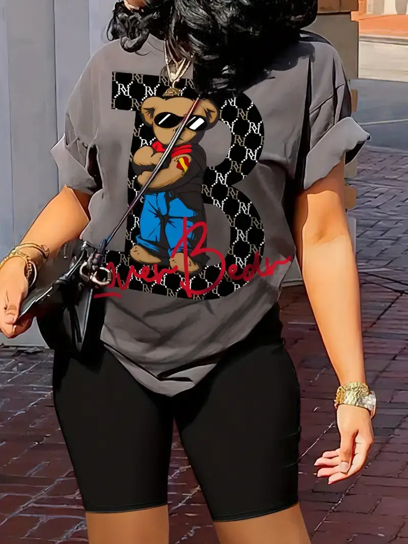 Summer women's Bear cartoon print casual loose round neck short sleeved COTTON T-shirt shorts two-piece set
