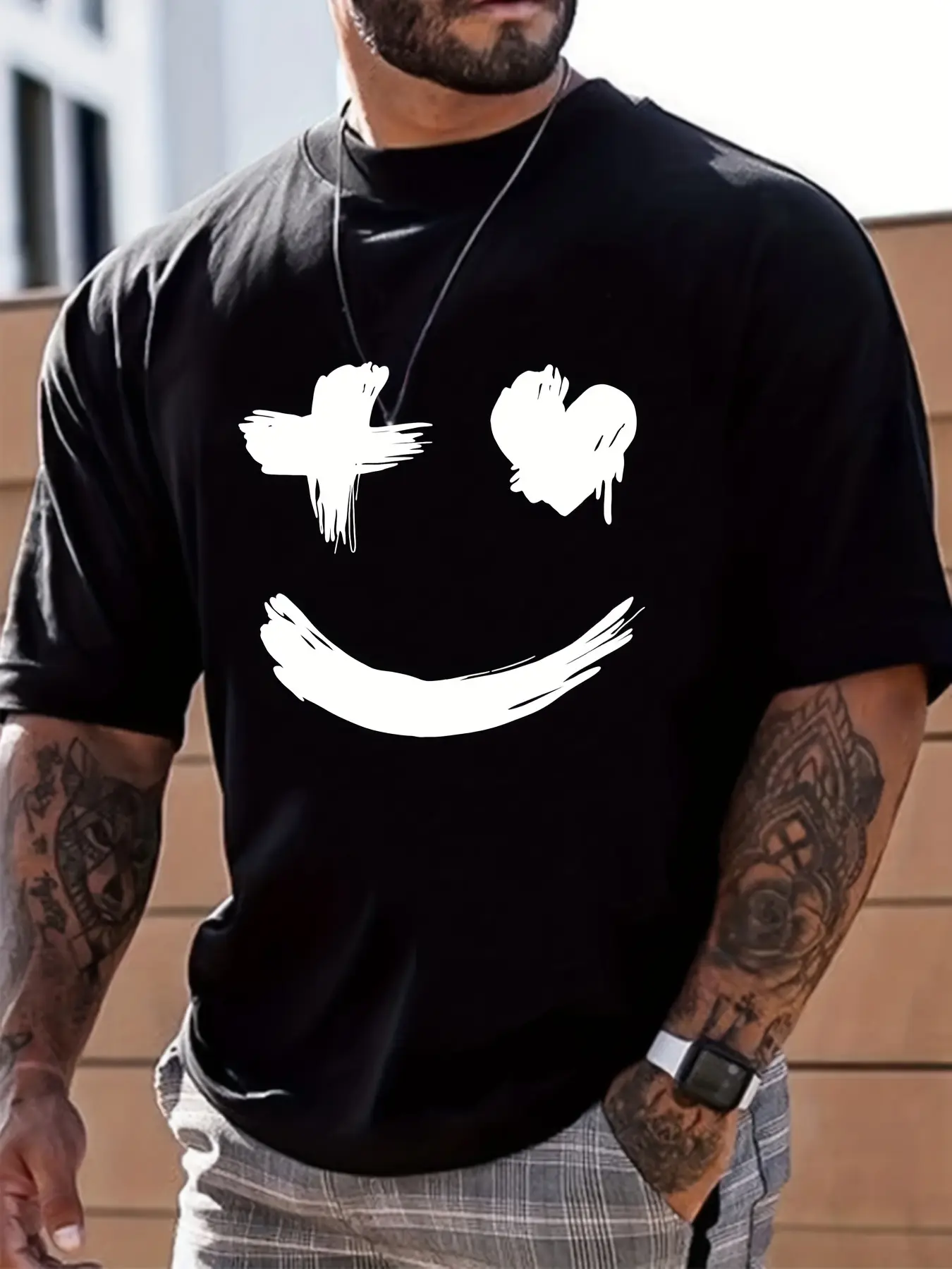 Men's summer 100% pure cotton fashionable casual sports loose trend smile graphic print round neck short sleeved T-shirt top