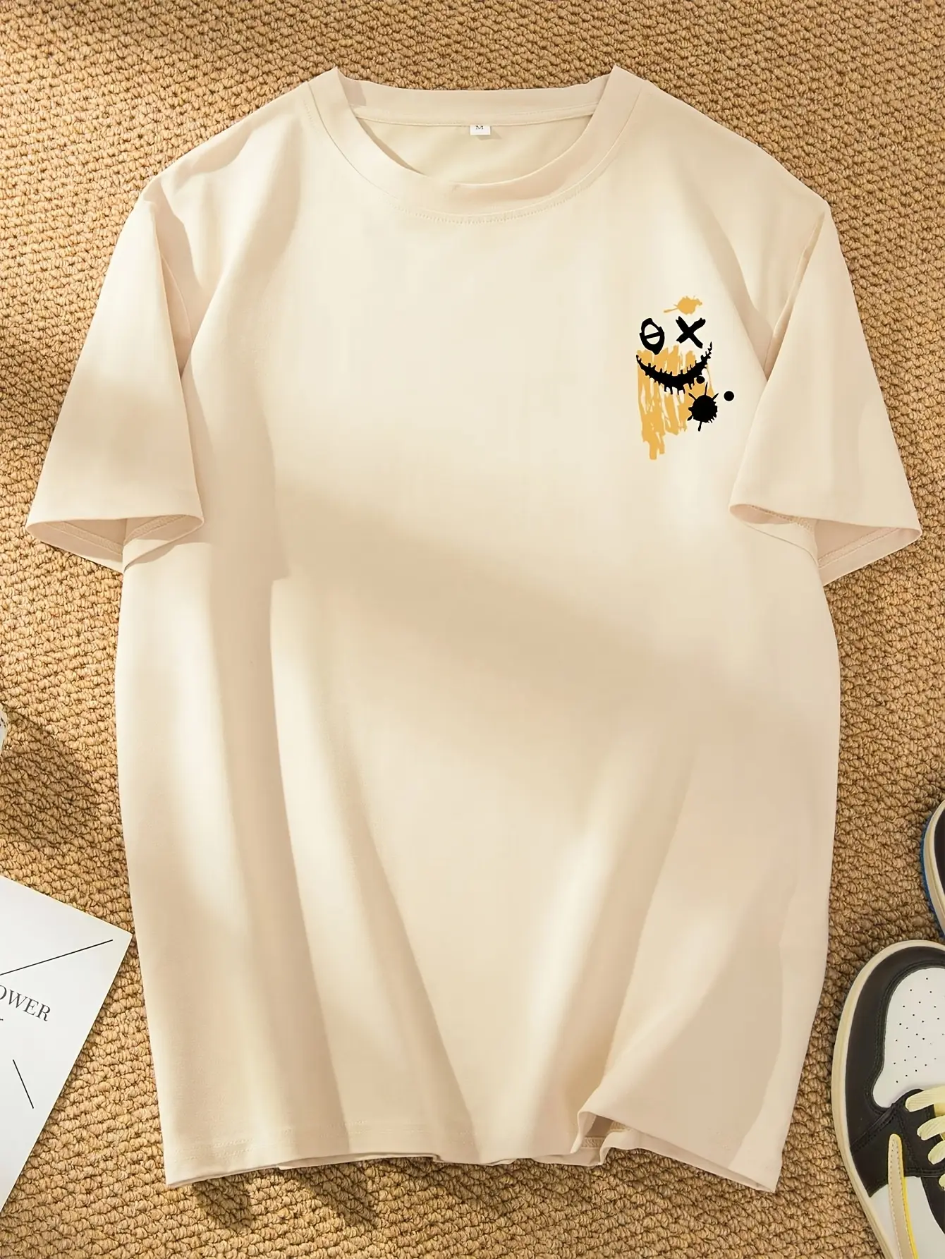 Men's summer 100% pure cotton fashionable casual sports loose cartoon bear pattern printed round neck short sleeved T-shirt top