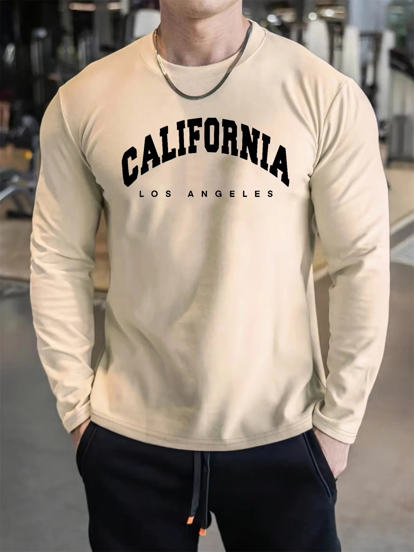 Men's 100% pure cotton loose fit comfortable sports and leisure California Los Angeles printed round neck long sleeved T-shirt