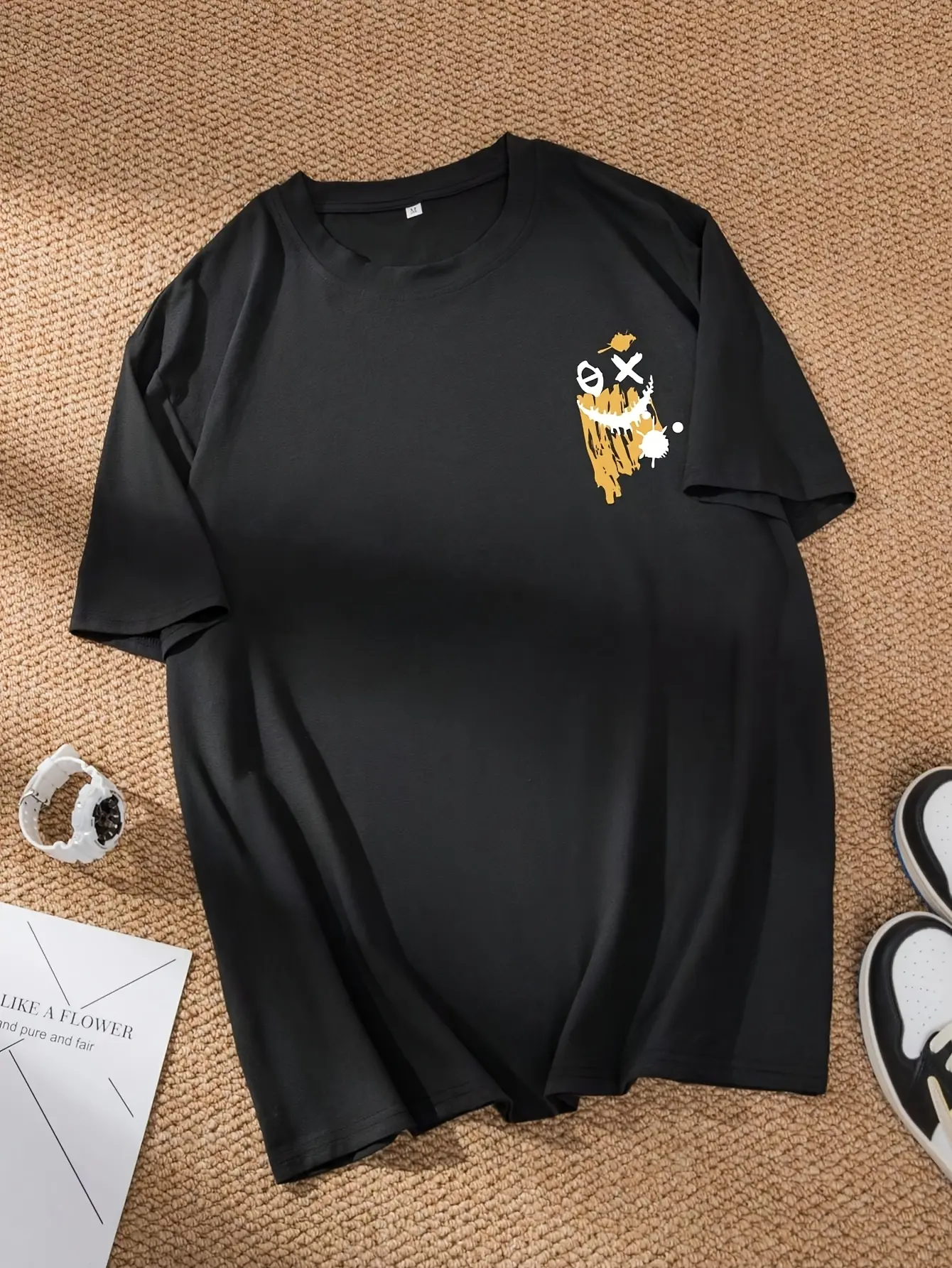 Men's summer 100% pure cotton fashionable casual sports loose cartoon bear pattern printed round neck short sleeved T-shirt top