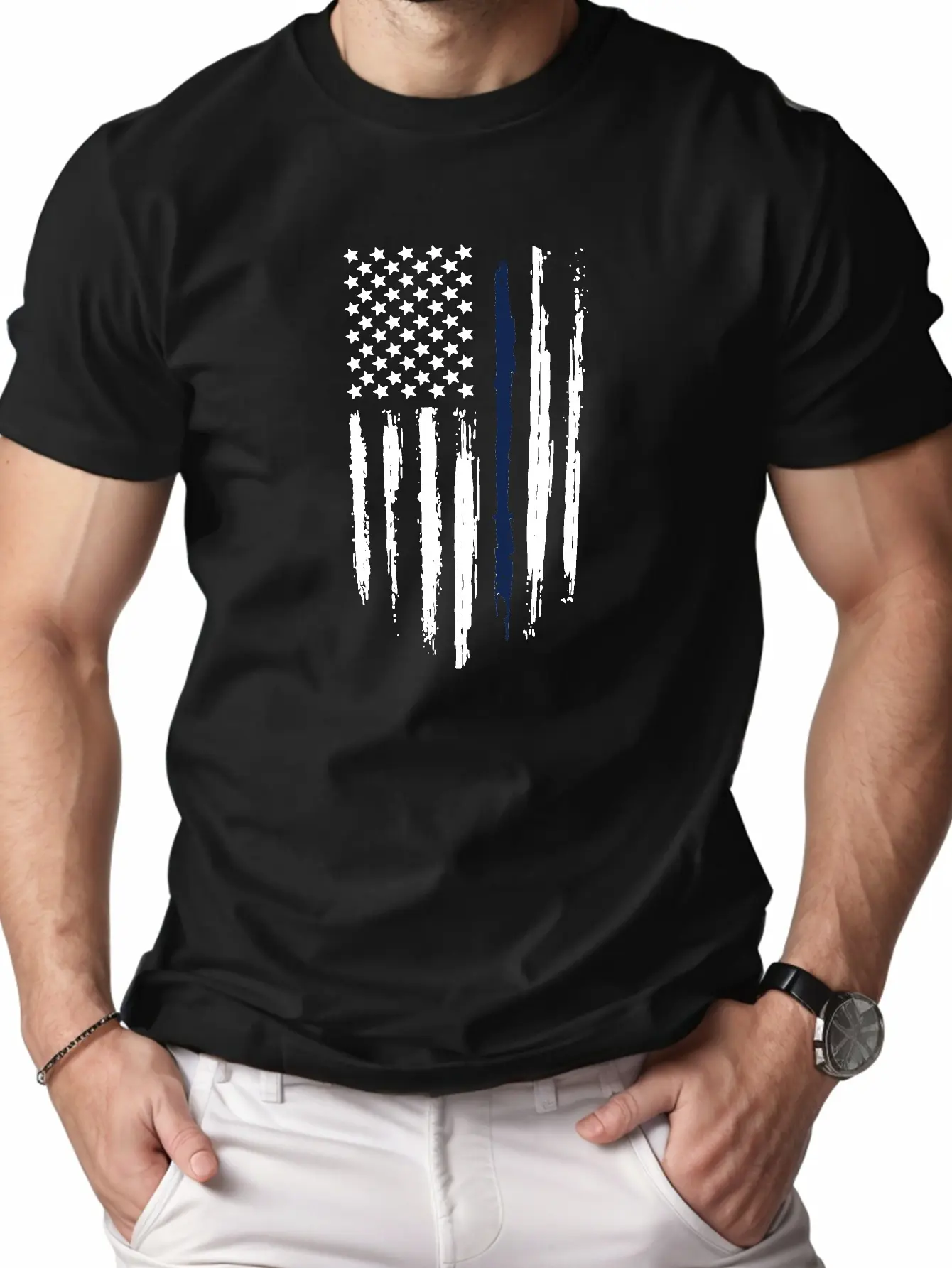 Men's 100% Cotton T-Shirt, Casual Crew Neck Regular Fit with American Flag Print for All-Season Knit Fabric Tee