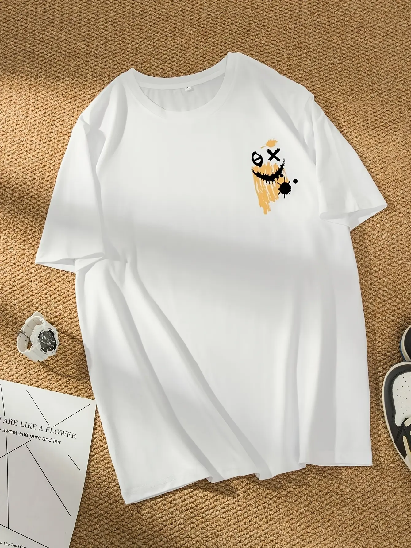 Men's summer 100% pure cotton fashionable casual sports loose cartoon bear pattern printed round neck short sleeved T-shirt top