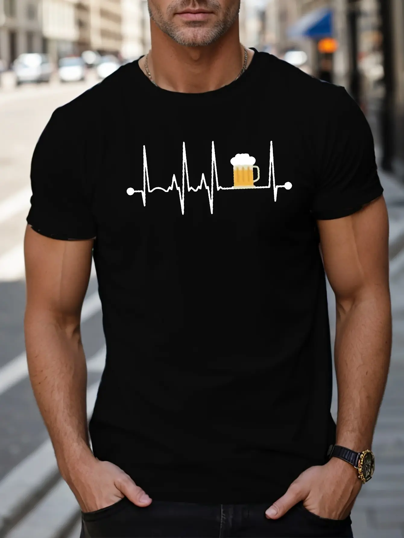 Men's Summer 100% Cotton Fashionable Casual Sports Loose Fashion ECG Beer Pattern Printed Round Neck Short Sleeve T-shirt Top