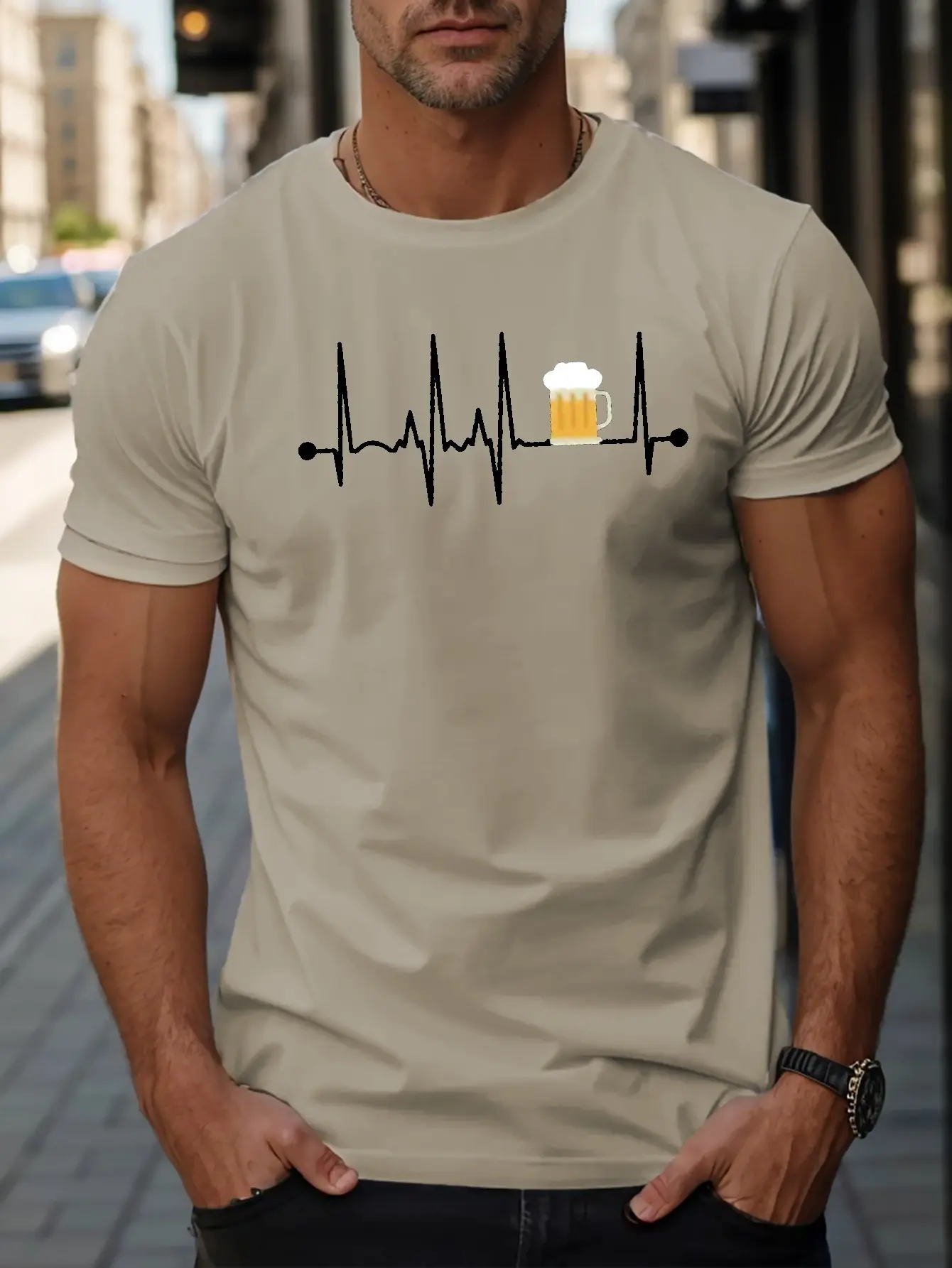 Men's Summer 100% Cotton Fashionable Casual Sports Loose Fashion ECG Beer Pattern Printed Round Neck Short Sleeve T-shirt Top