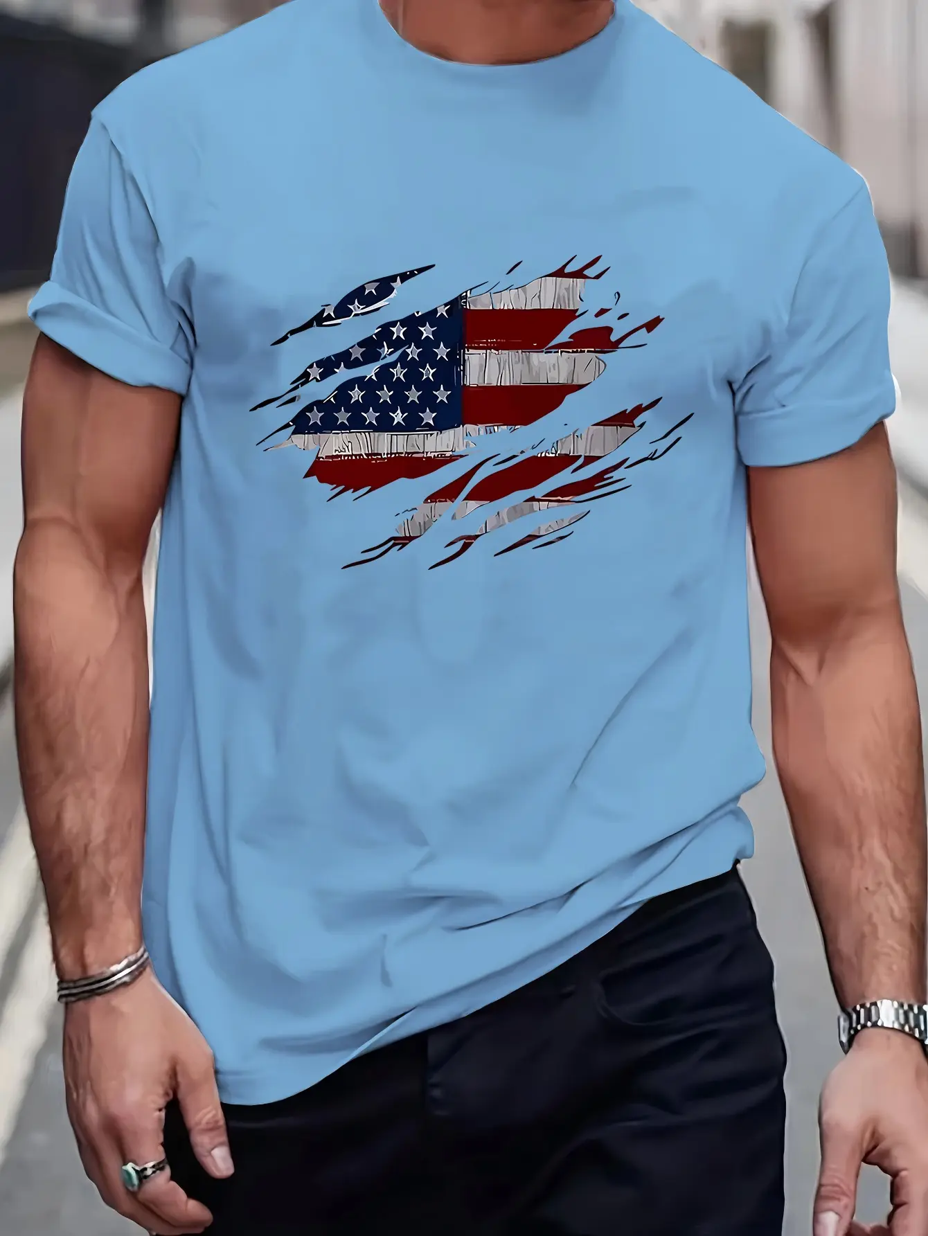 Men's 100% Cotton T-Shirt, Casual Crew Neck Regular Fit with American Flag Print for All-Season Knit Fabric Tee