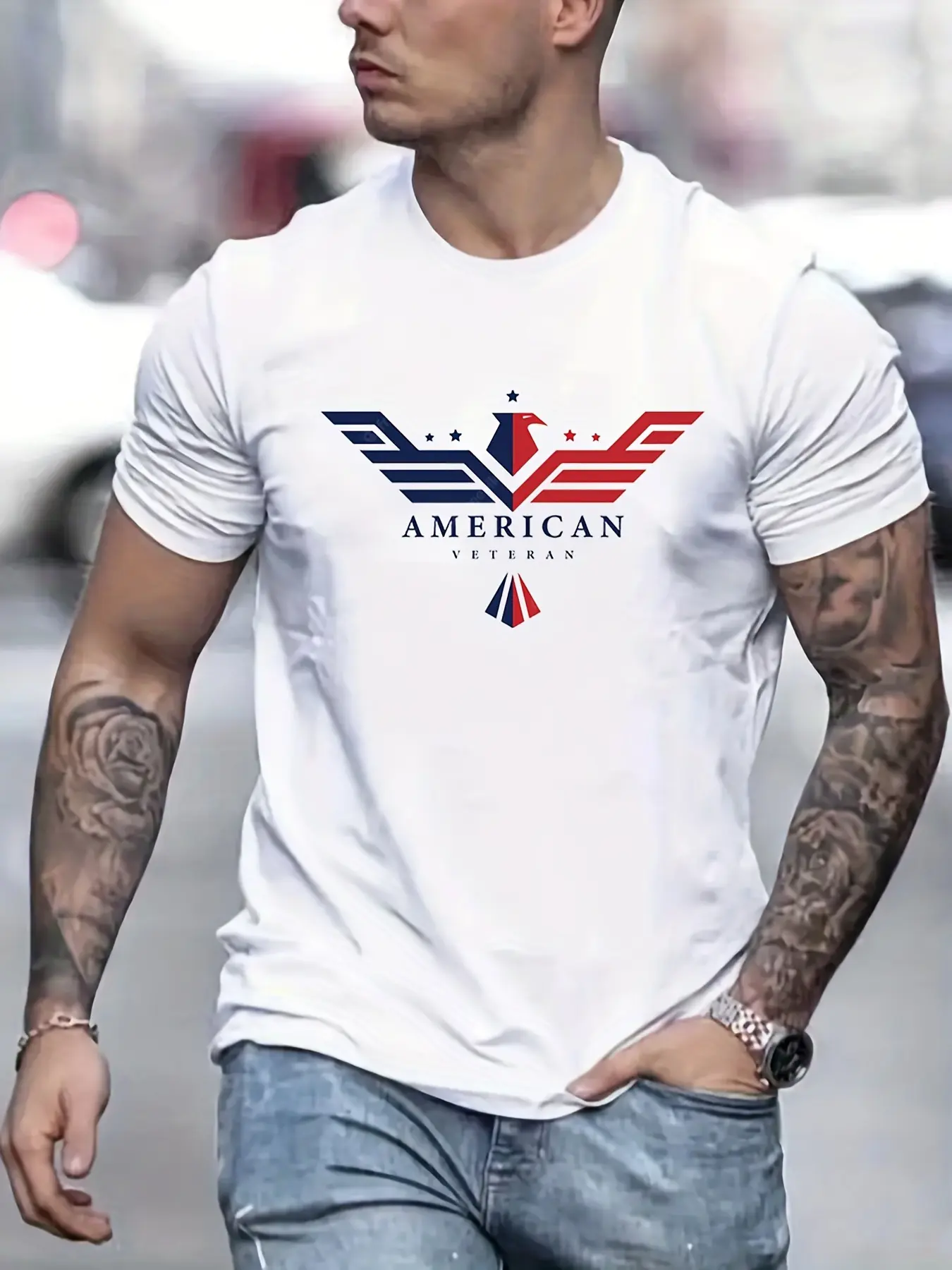 Men's Summer Loose Size 100% Cotton Bald Eagle Usa Printed Slim Fit Casual Round Neck Short Sleeve T-shirt Top