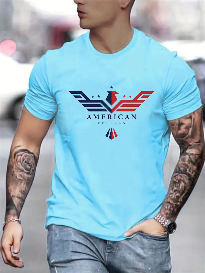 Men's Summer Loose Size 100% Cotton Bald Eagle Usa Printed Slim Fit Casual Round Neck Short Sleeve T-shirt Top