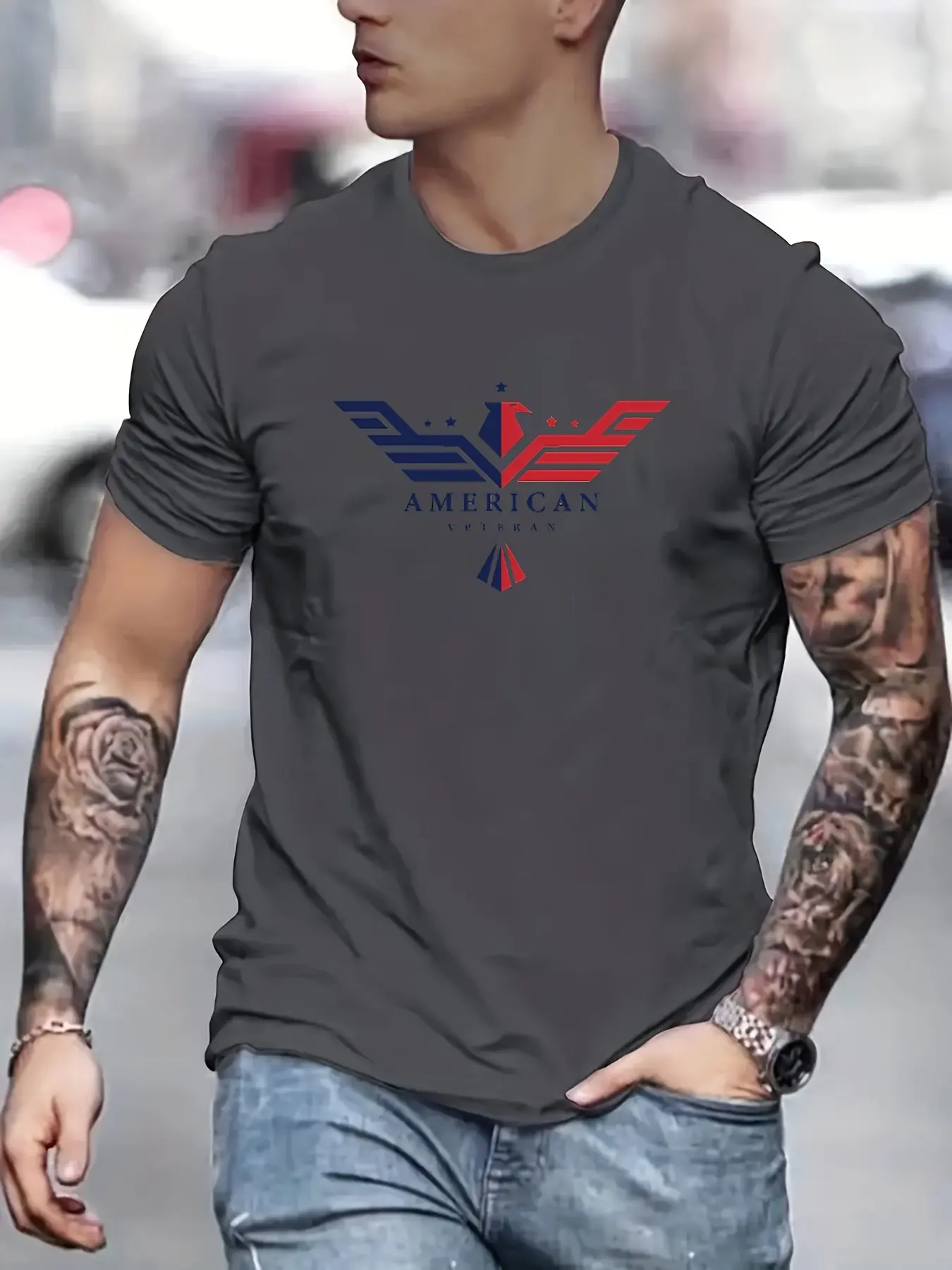 Men's Summer Loose Size 100% Cotton Bald Eagle Usa Printed Slim Fit Casual Round Neck Short Sleeve T-shirt Top