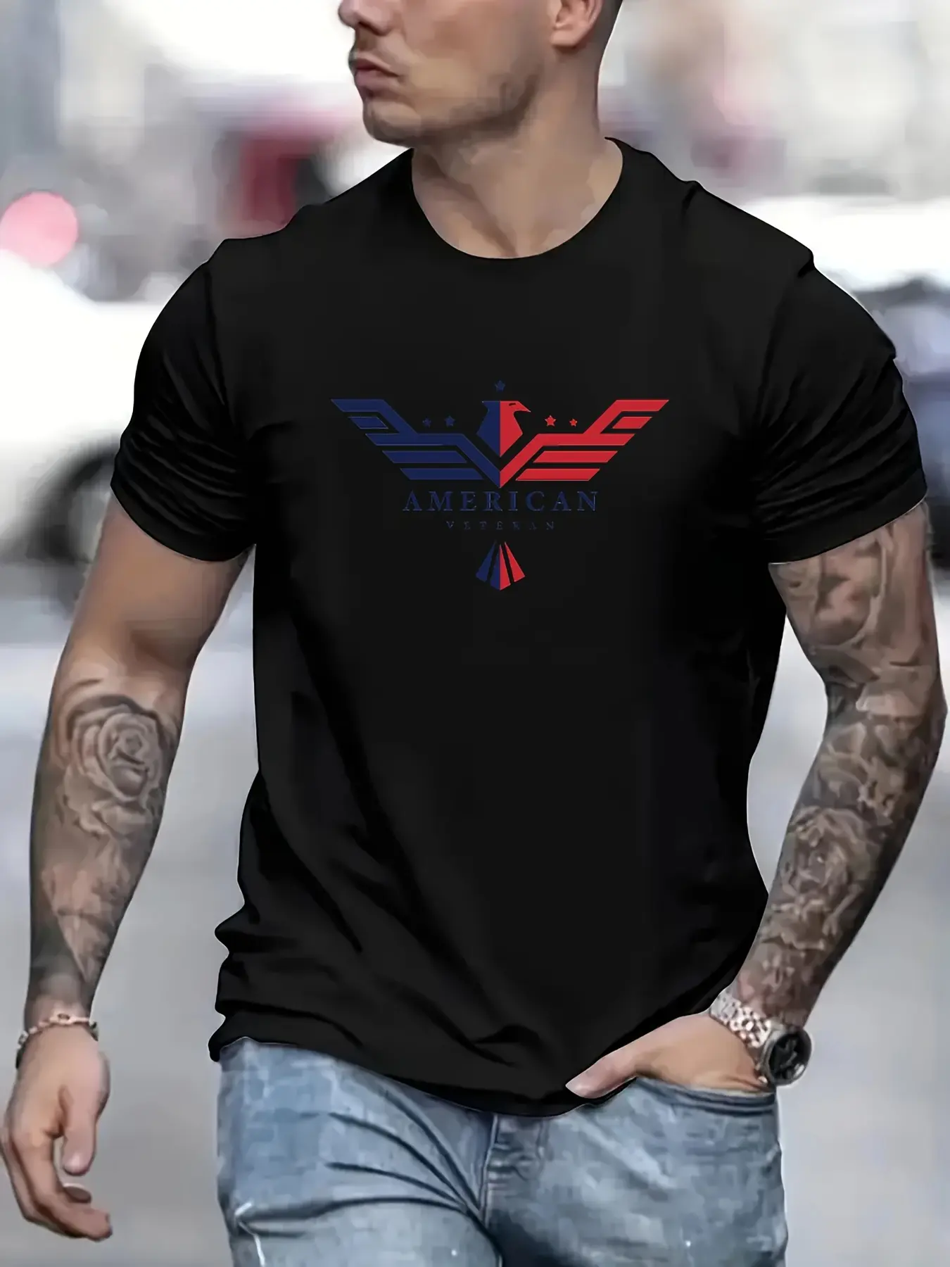 Men's Summer Loose Size 100% Cotton Bald Eagle Usa Printed Slim Fit Casual Round Neck Short Sleeve T-shirt Top