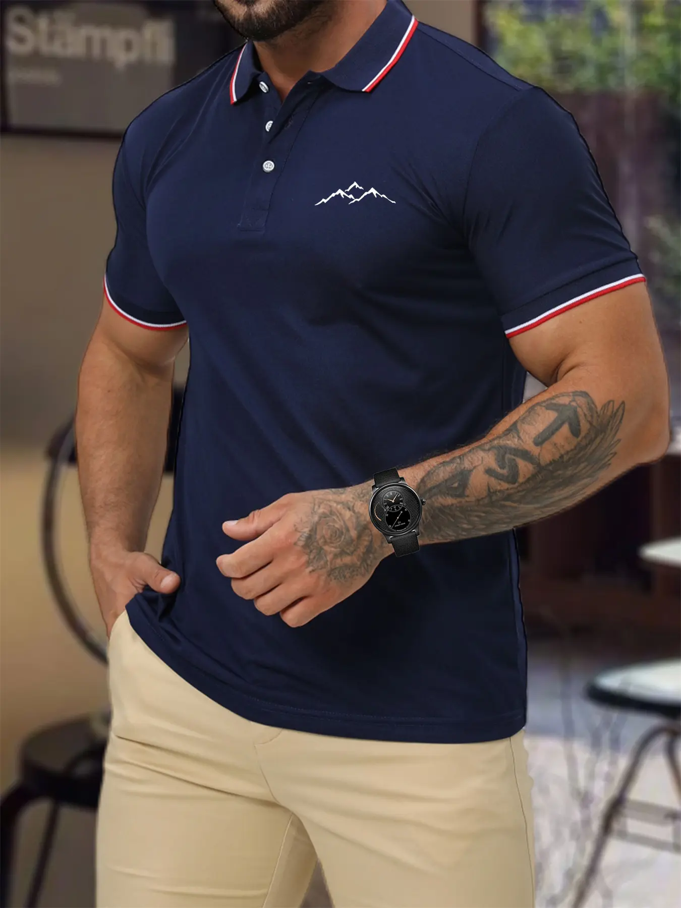 Men's 100 cotton summer casual fashion loose plus size mountain pattern printed collar short sleeved polo shirt travel outfit