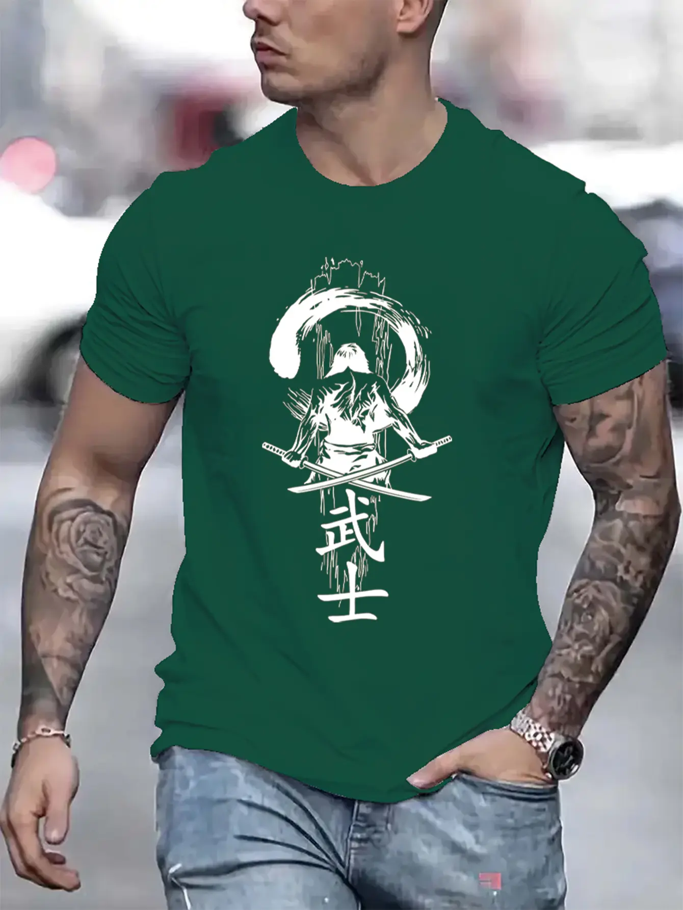 Men's Summer 100% Cotton Fashionable Casual Sports Loose Japanese Samurai Pattern Printed Round Neck Short Sleeve T-shirt Top