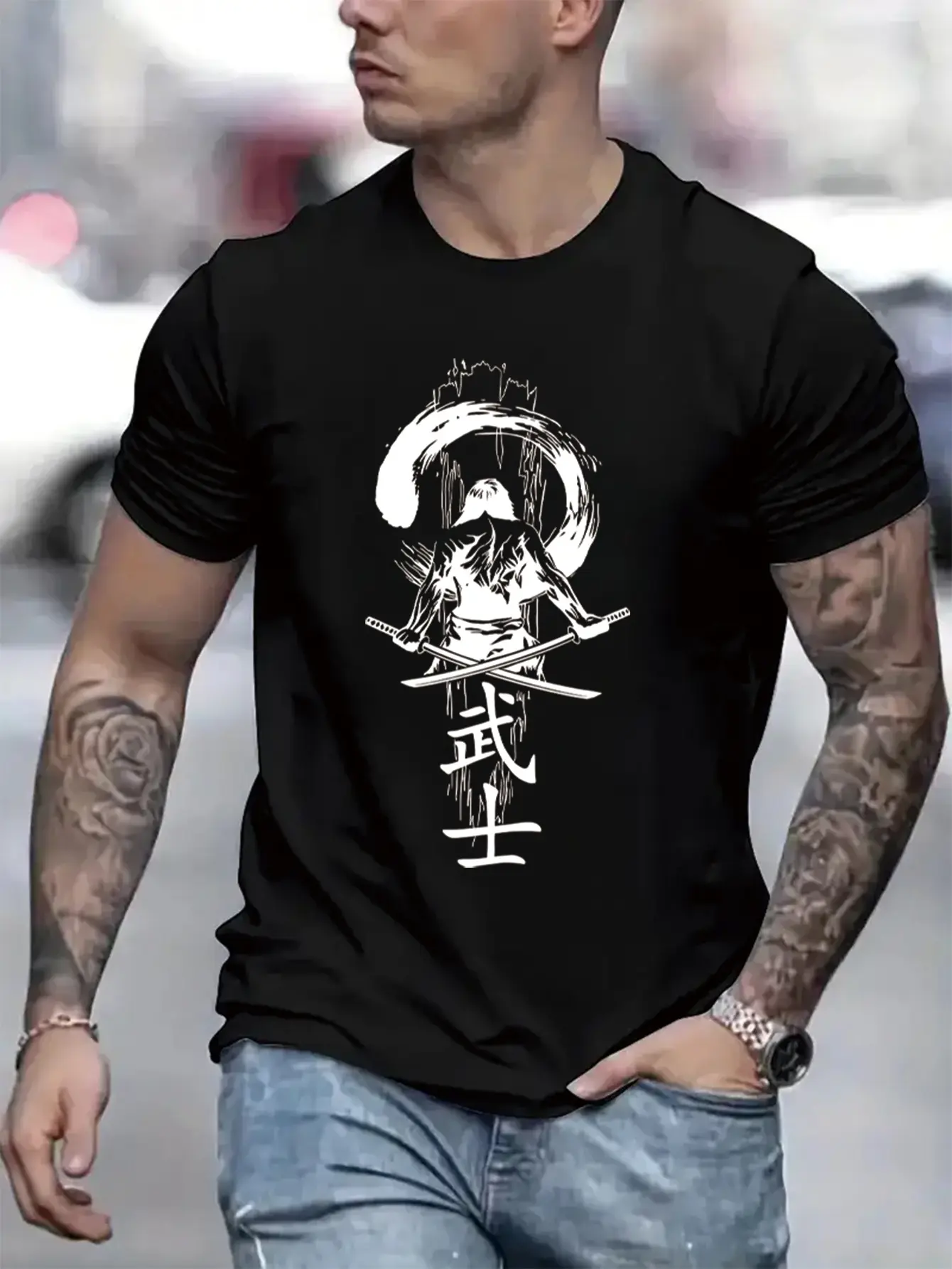 Men's Summer 100% Cotton Fashionable Casual Sports Loose Japanese Samurai Pattern Printed Round Neck Short Sleeve T-shirt Top