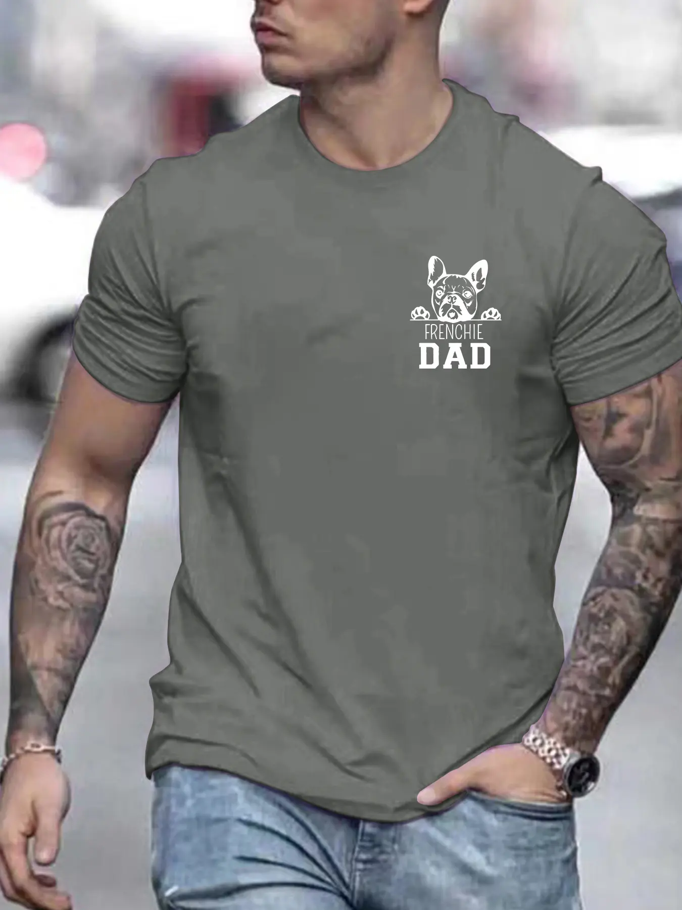 Men's summer 100% pure cotton fashionable casual sports loose French dad print round neck short sleeved T-shirt top