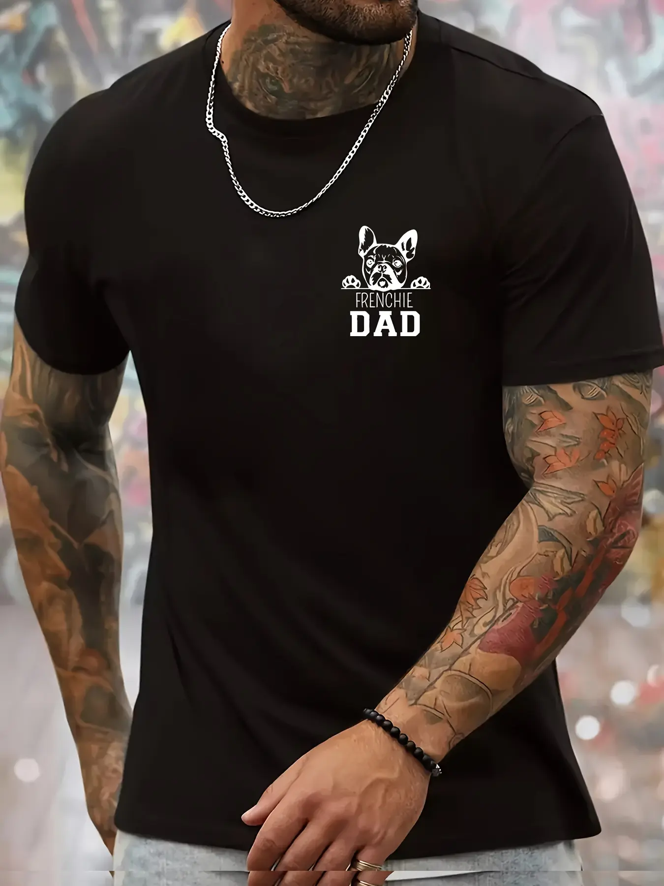 Men's summer 100% pure cotton fashionable casual sports loose French dad print round neck short sleeved T-shirt top