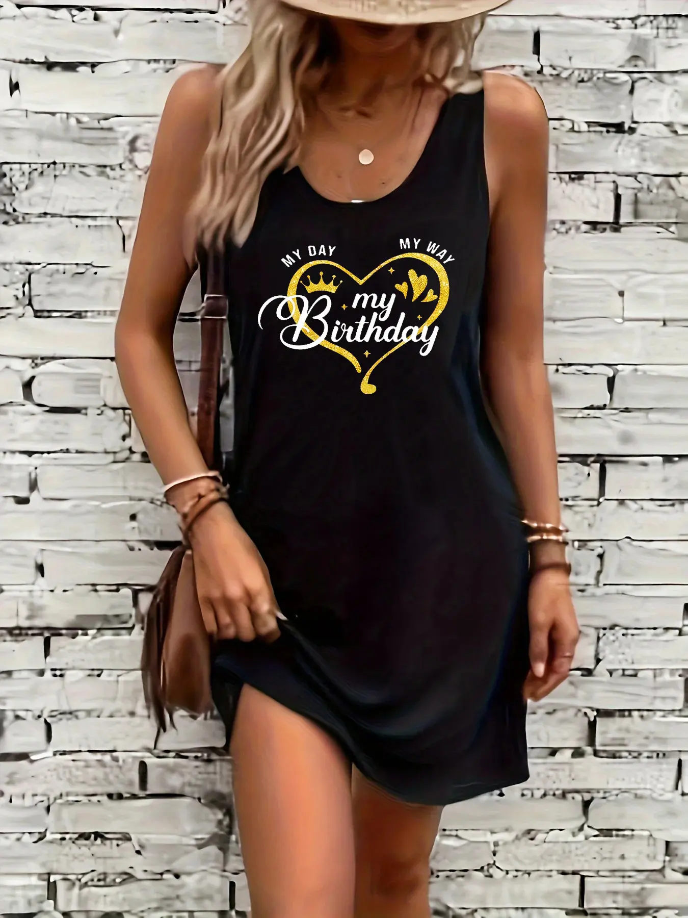 Women's summer loose and comfortable casual BRATZ letter pattern printed black sleeveless vest dress punk style dress