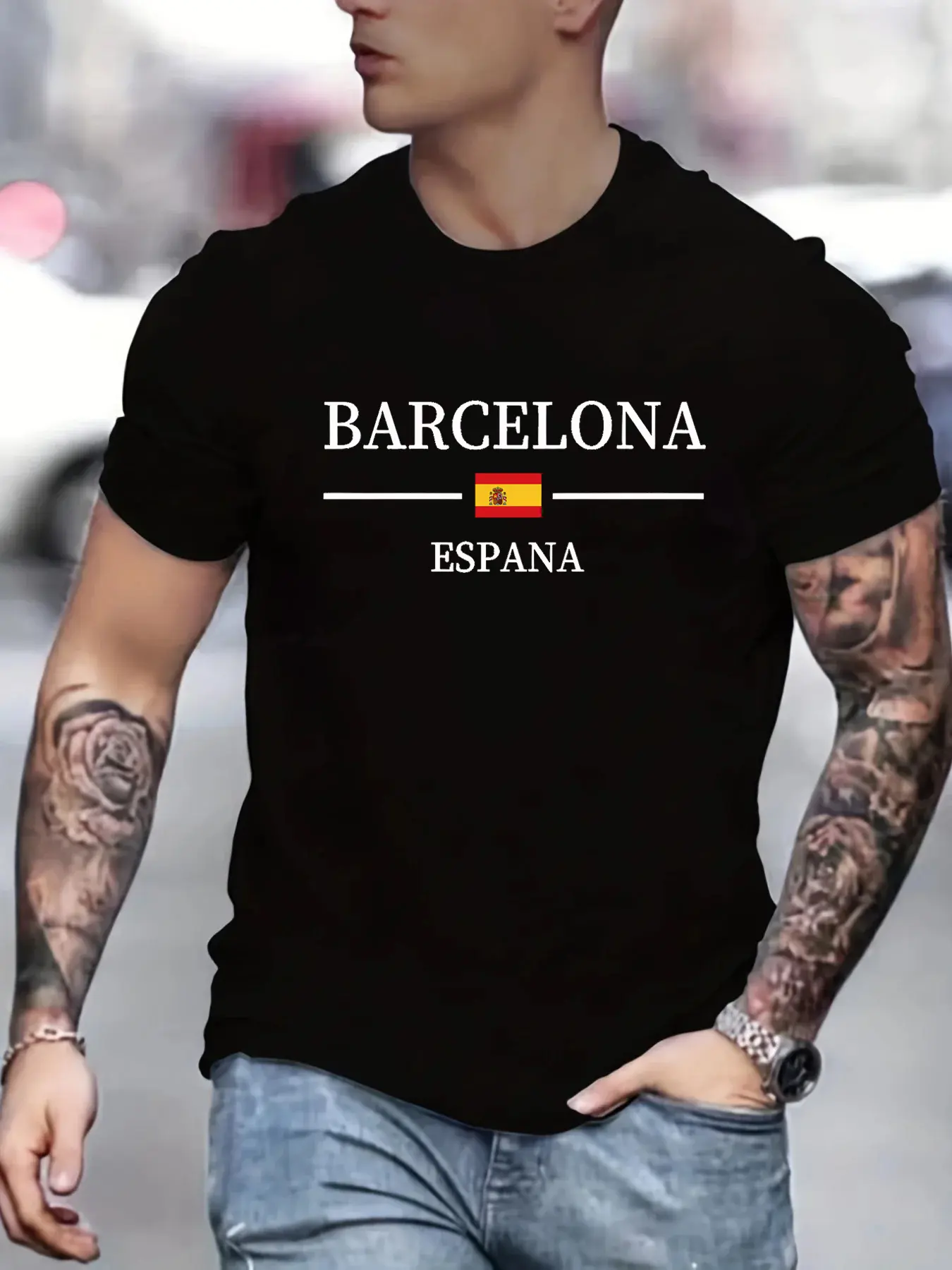 Summer men's 100% pure cotton casual loose Barcelona Spanish letter printed sports comfortable round neck short sleeved T-shirt