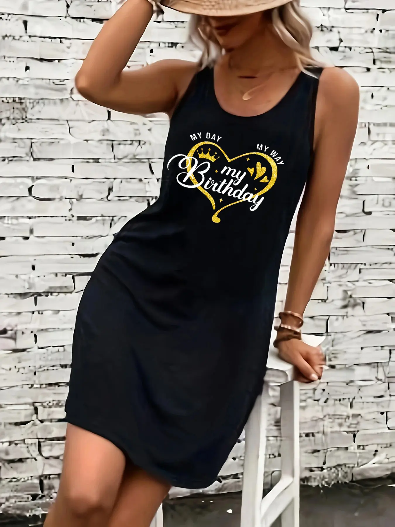 Women's summer loose and comfortable casual BRATZ letter pattern printed black sleeveless vest dress punk style dress