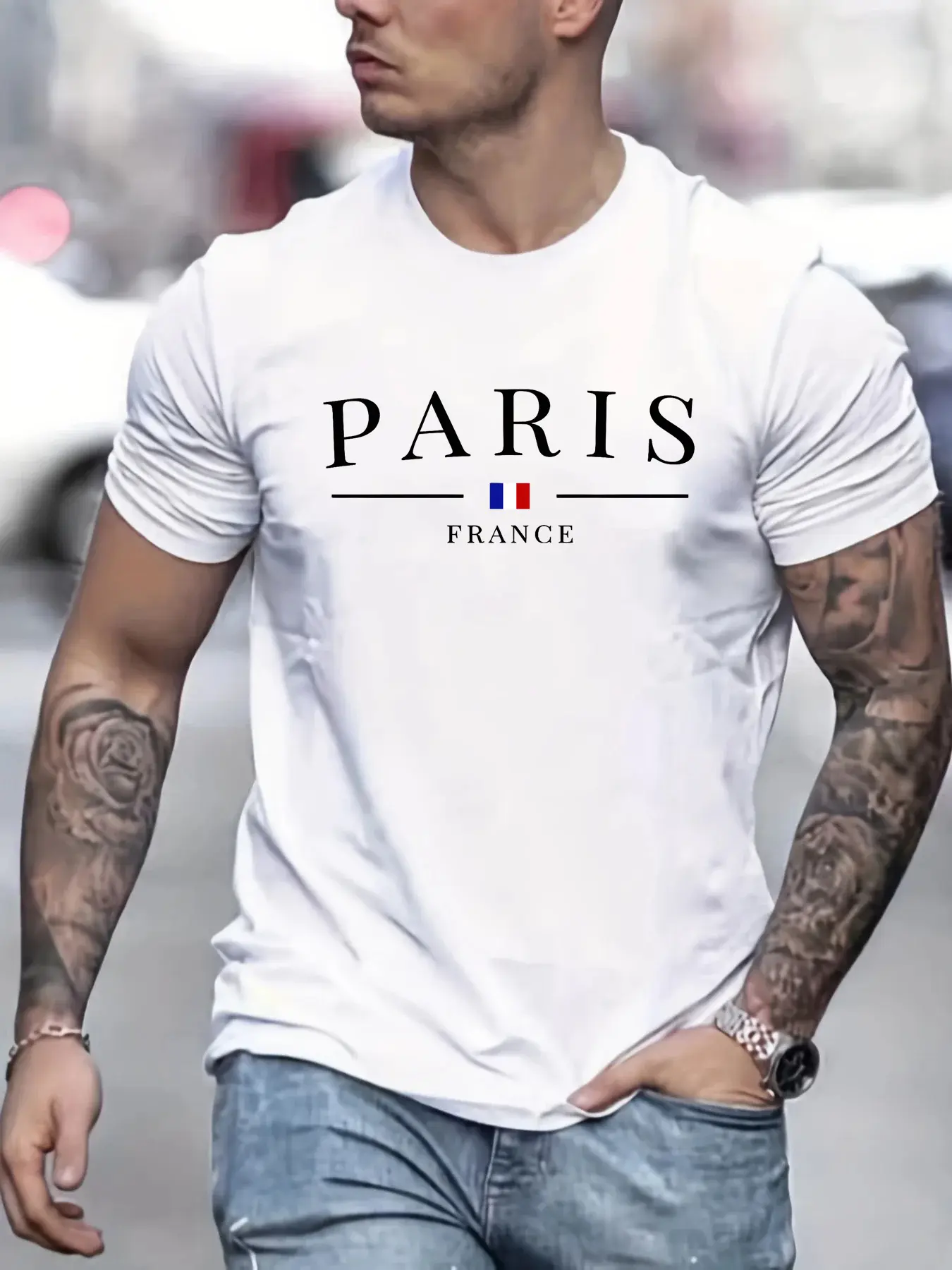 Summer Men's 100% Cotton Casual Loose Large Size Paris French Pattern Printed Comfortable Round Neck Short Sleeve T-shirt Top