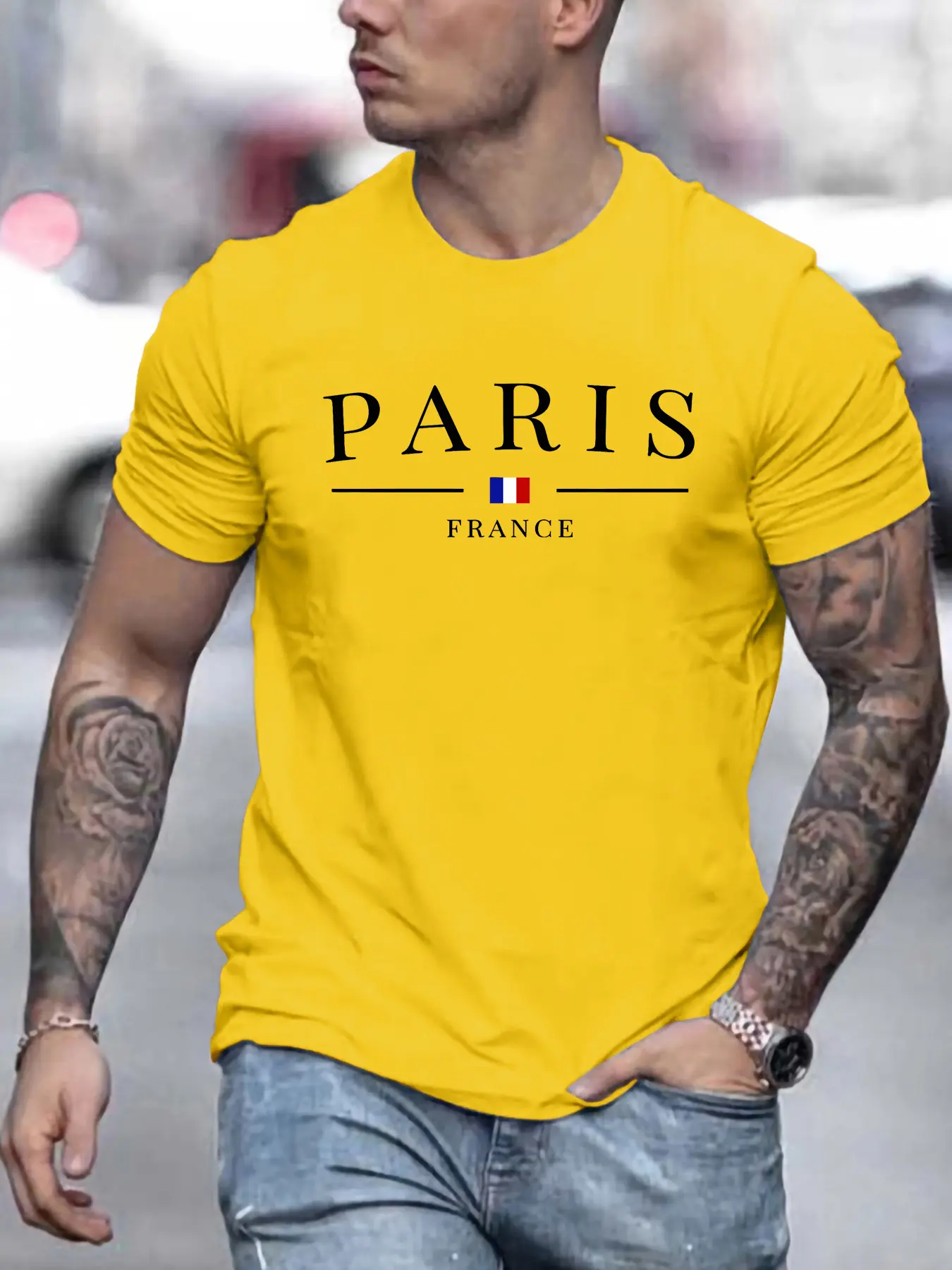 Summer Men's 100% Cotton Casual Loose Large Size Paris French Pattern Printed Comfortable Round Neck Short Sleeve T-shirt Top