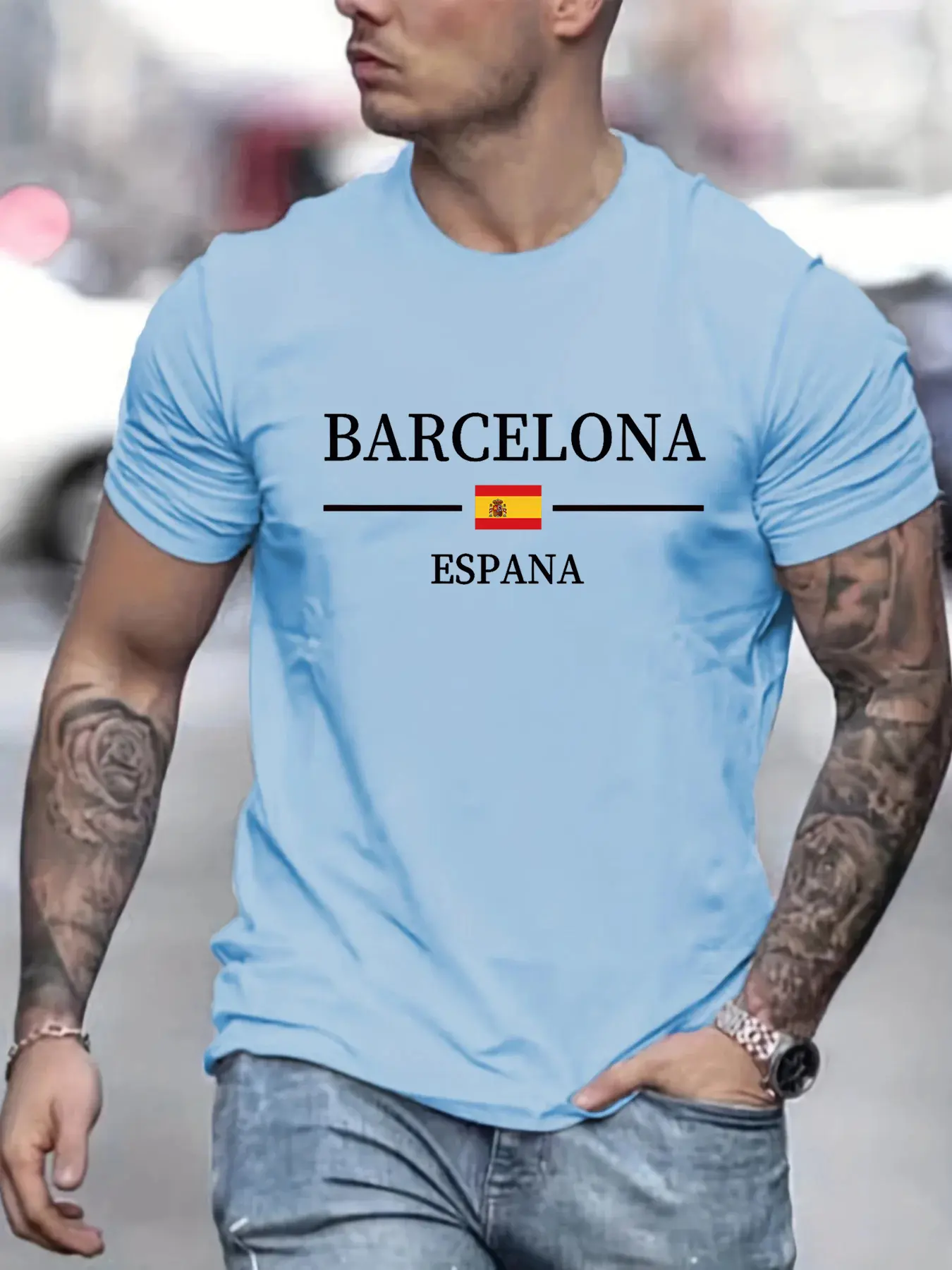 Summer men's 100% pure cotton casual loose Barcelona Spanish letter printed sports comfortable round neck short sleeved T-shirt
