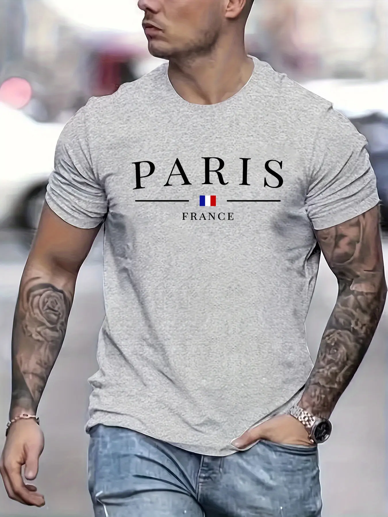 Summer Men's 100% Cotton Casual Loose Large Size Paris French Pattern Printed Comfortable Round Neck Short Sleeve T-shirt Top