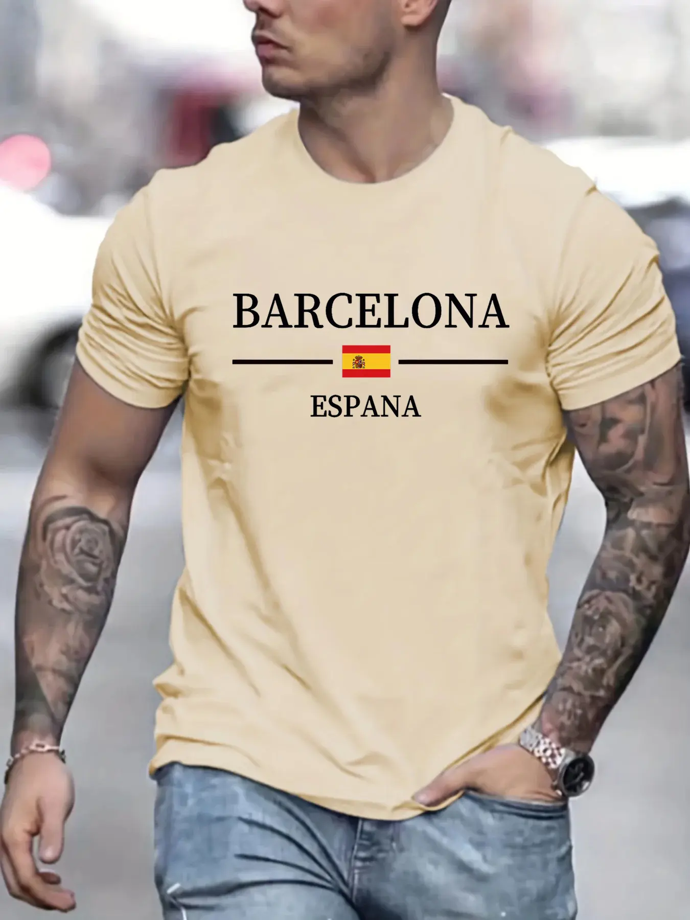 Summer men's 100% pure cotton casual loose Barcelona Spanish letter printed sports comfortable round neck short sleeved T-shirt