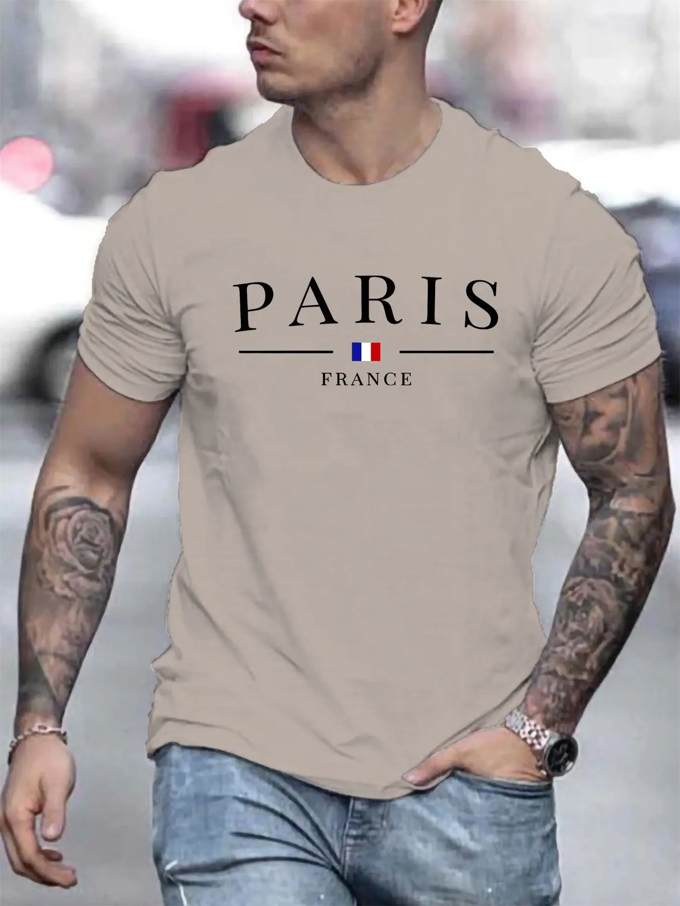 Summer Men's 100% Cotton Casual Loose Large Size Paris French Pattern Printed Comfortable Round Neck Short Sleeve T-shirt Top