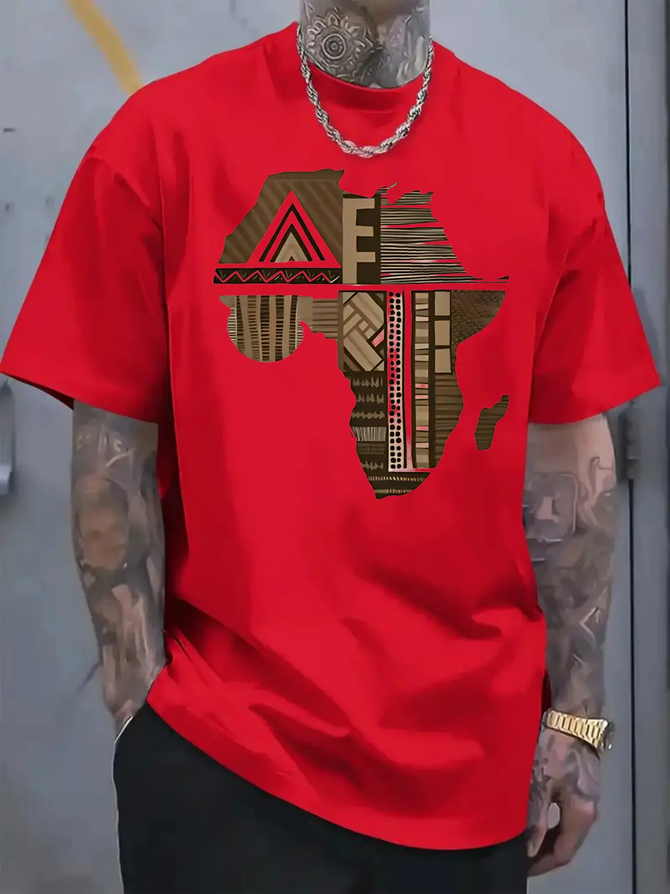 Men'S Plus Size White Cotton T-Shirt with Africa-Inspired Golden Print - 100% Pure Cotton Comfort Fit Lightweight Breathable