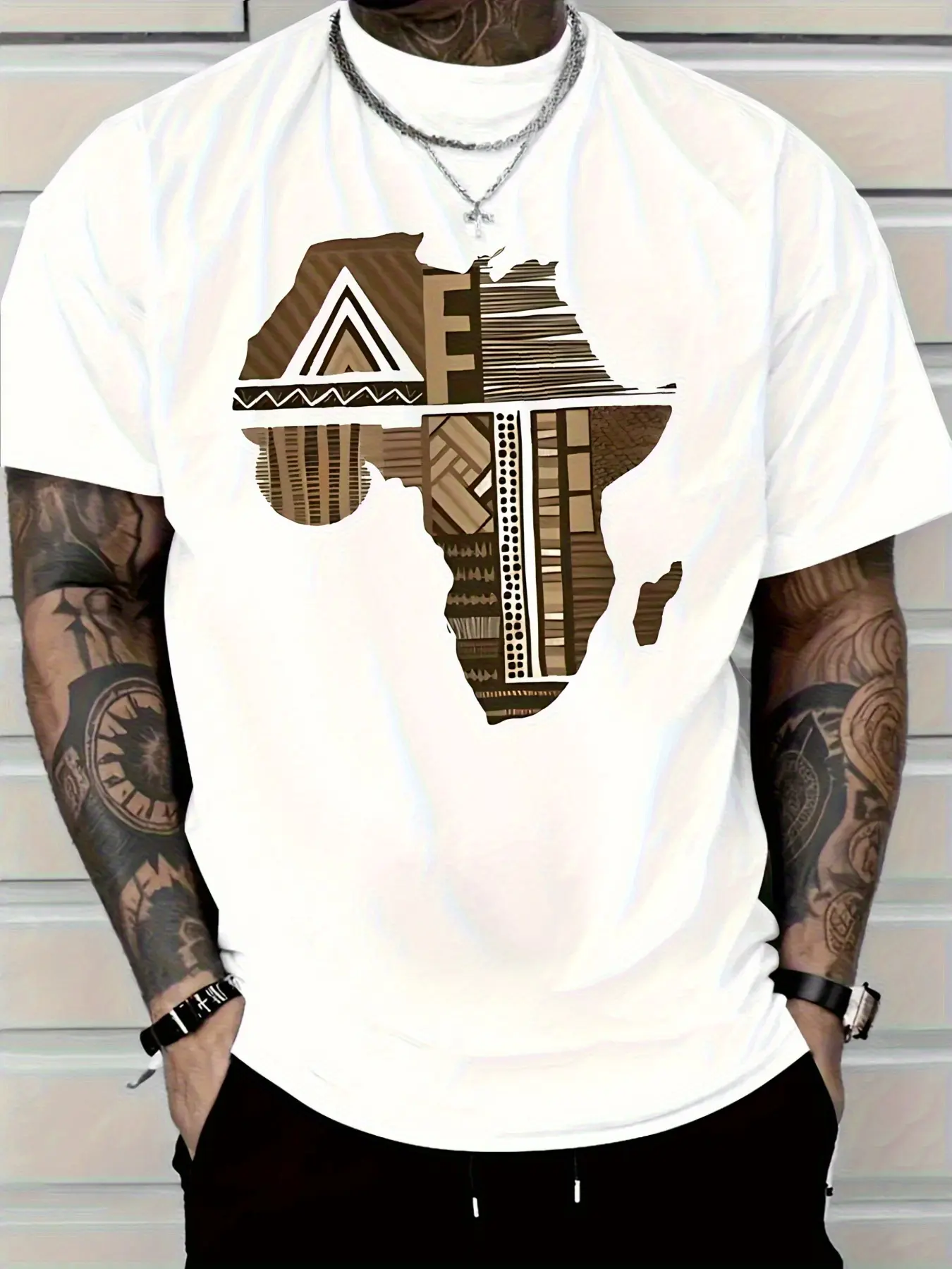 Men'S Plus Size White Cotton T-Shirt with Africa-Inspired Golden Print - 100% Pure Cotton Comfort Fit Lightweight Breathable