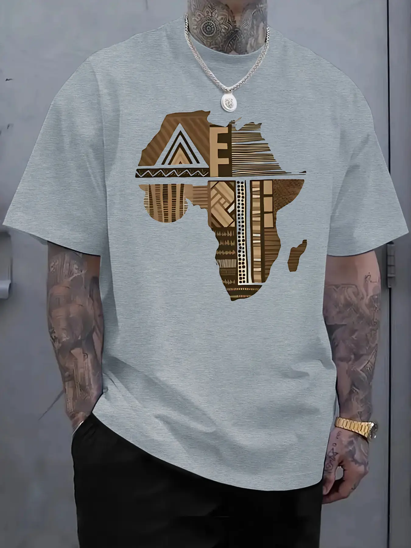 Men'S Plus Size White Cotton T-Shirt with Africa-Inspired Golden Print - 100% Pure Cotton Comfort Fit Lightweight Breathable