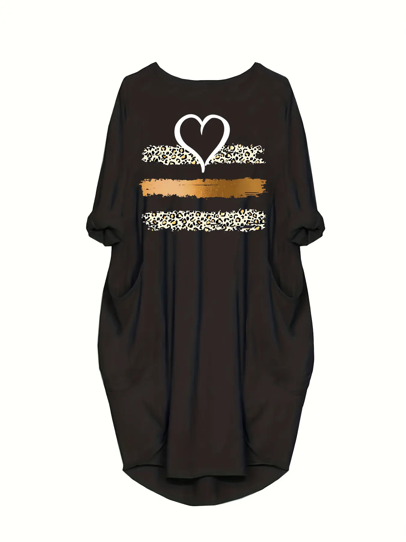 Ladies Summer Print Party Casual Loose O-neck Long Sleeve Dress Fashion Plus-size Solid Color Long Sleeve Pocket Loose Pullover